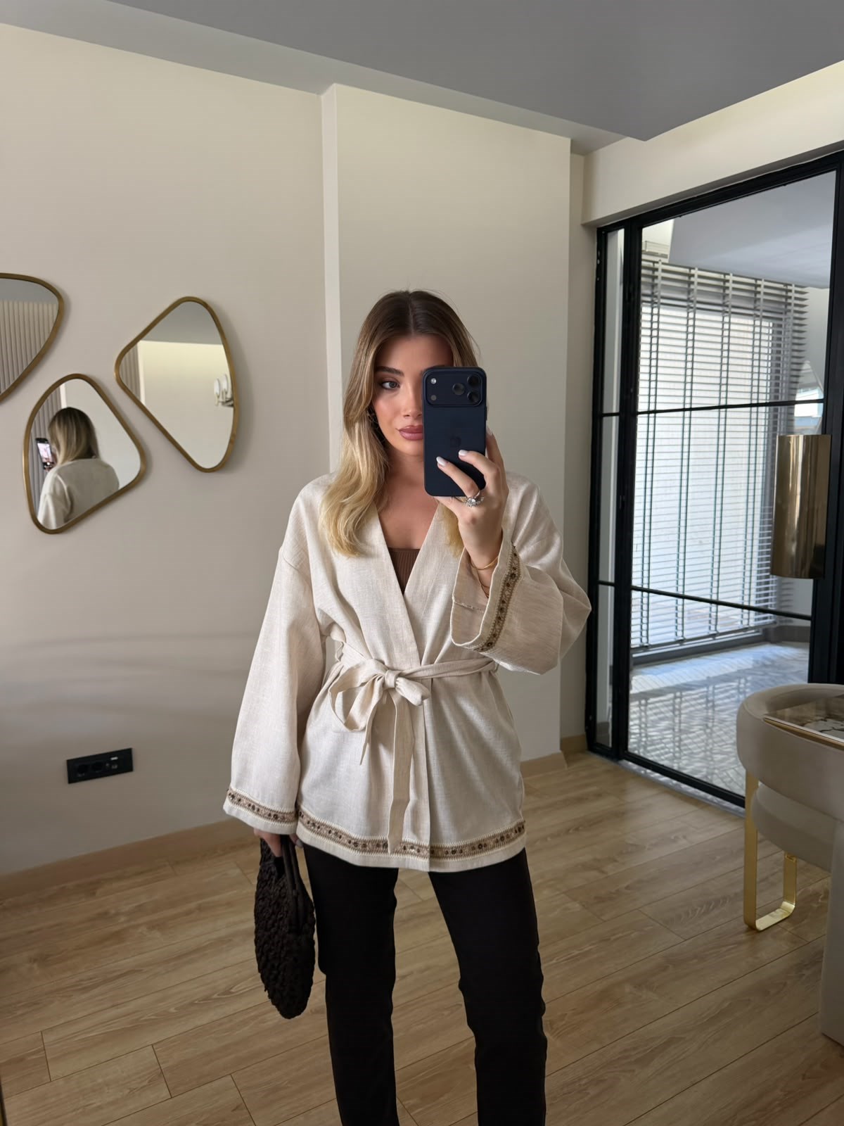 Keten İşlemeli Natural Kimono - 2239