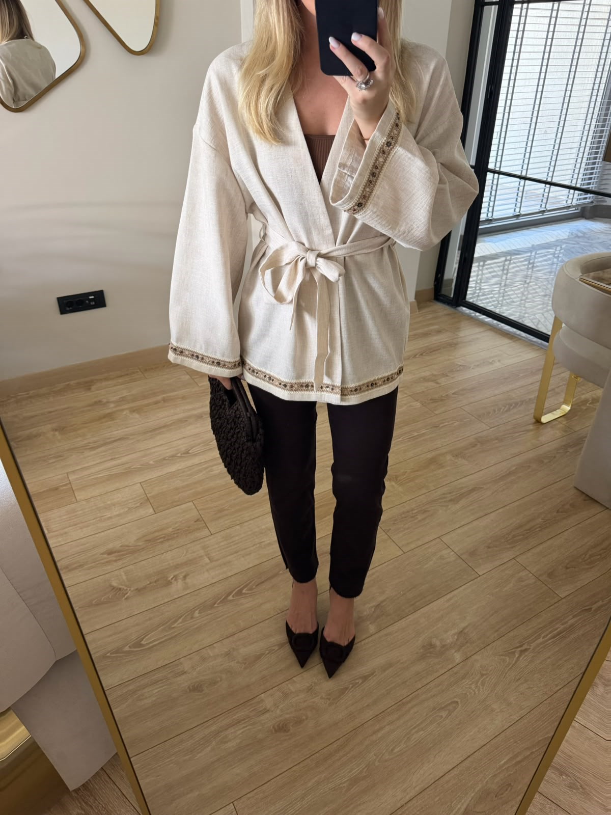 Keten İşlemeli Natural Kimono - 2239