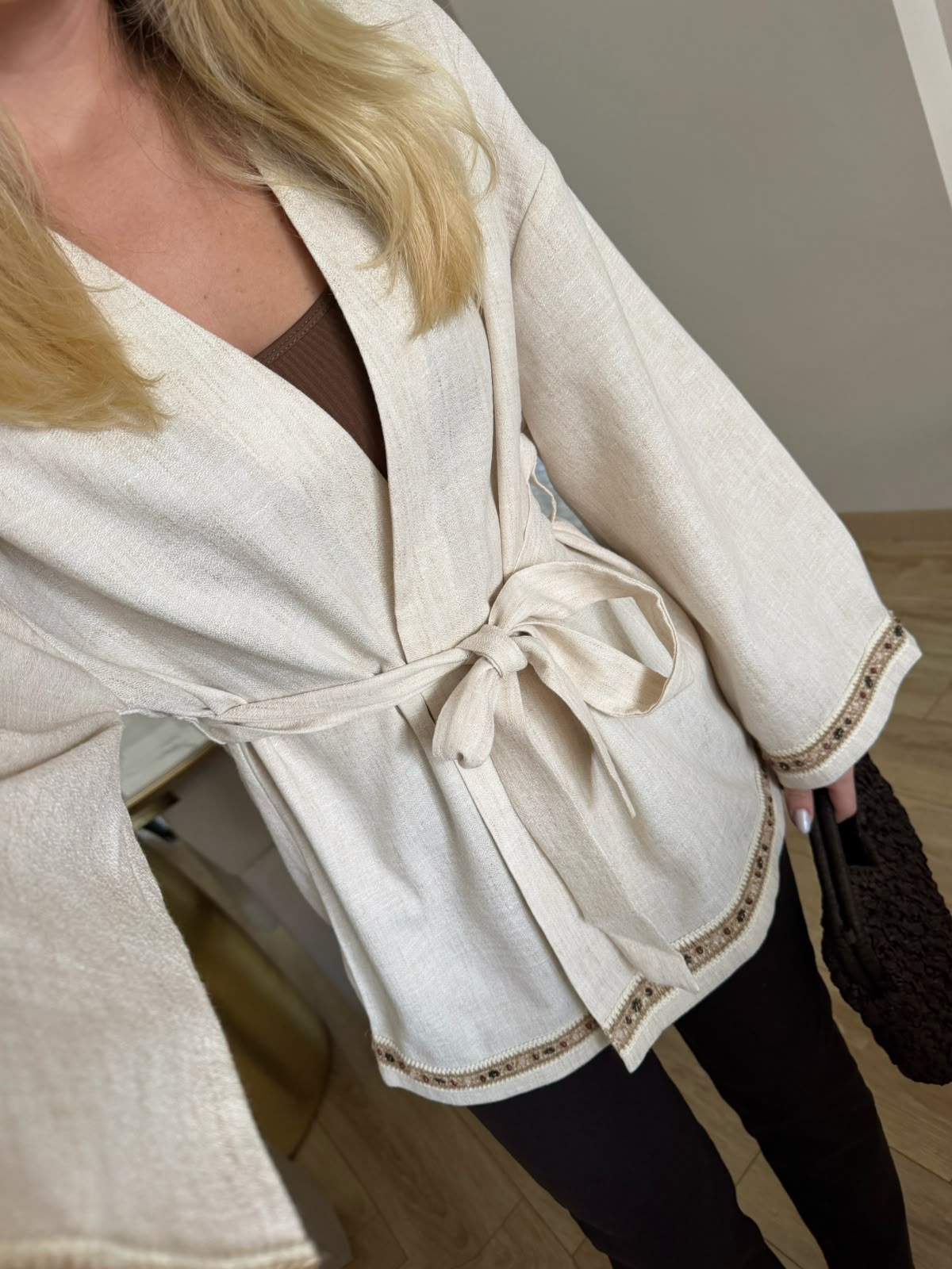 Keten İşlemeli Natural Kimono - 2239