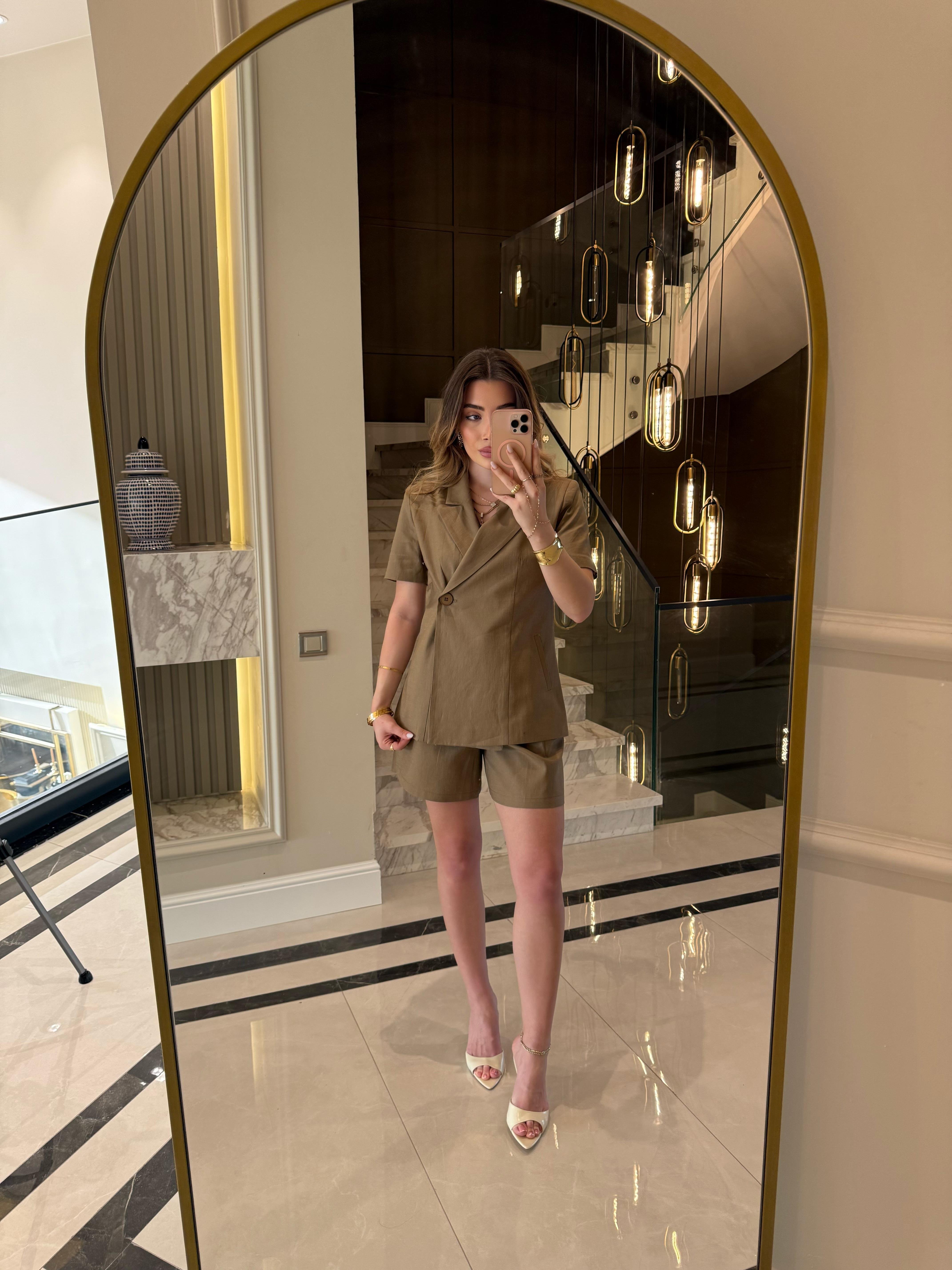 Keten Kısa Kol Blazer Ceket-Takım / Camel