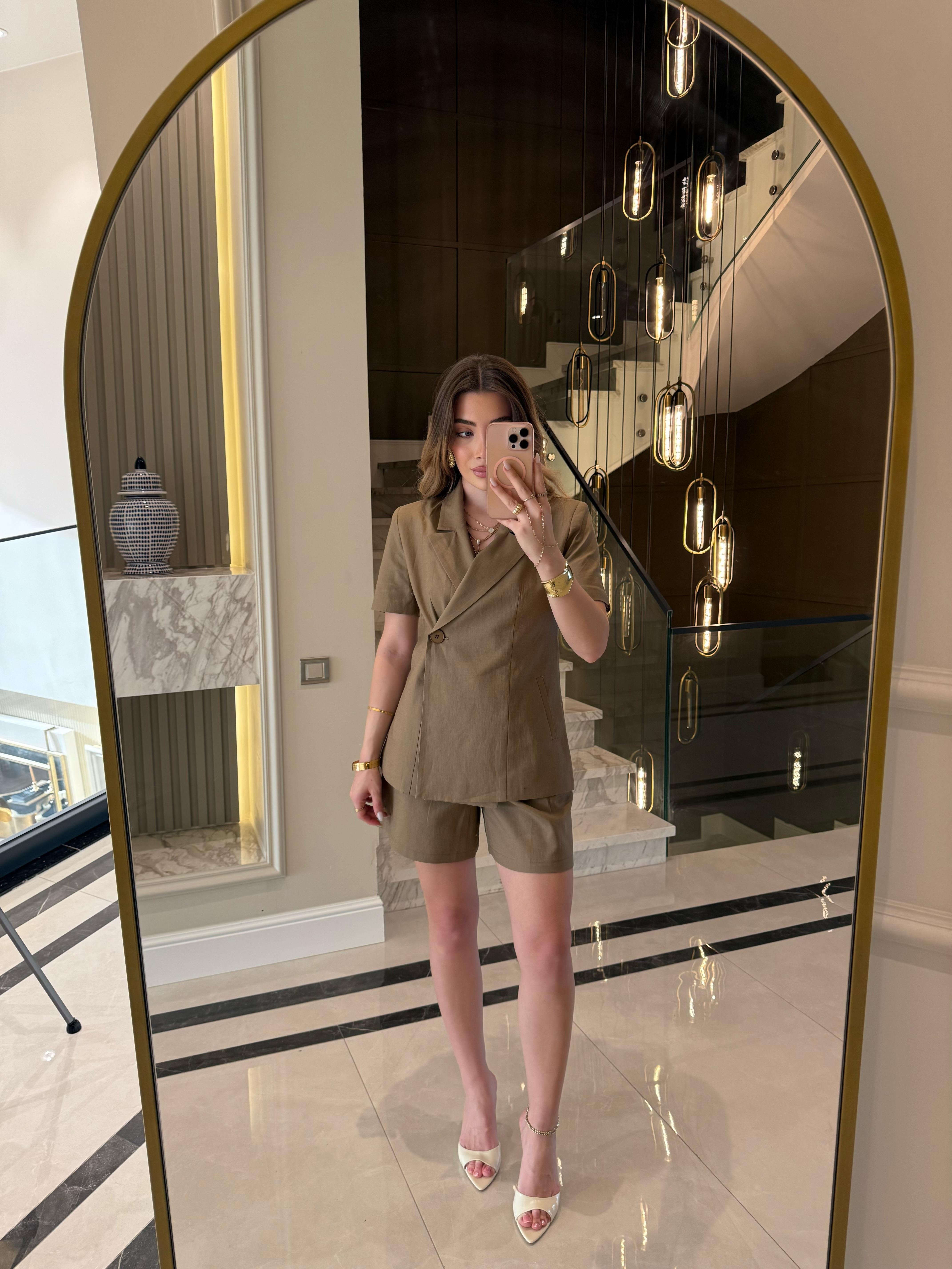 Keten Kısa Kol Blazer Ceket-Takım / Camel