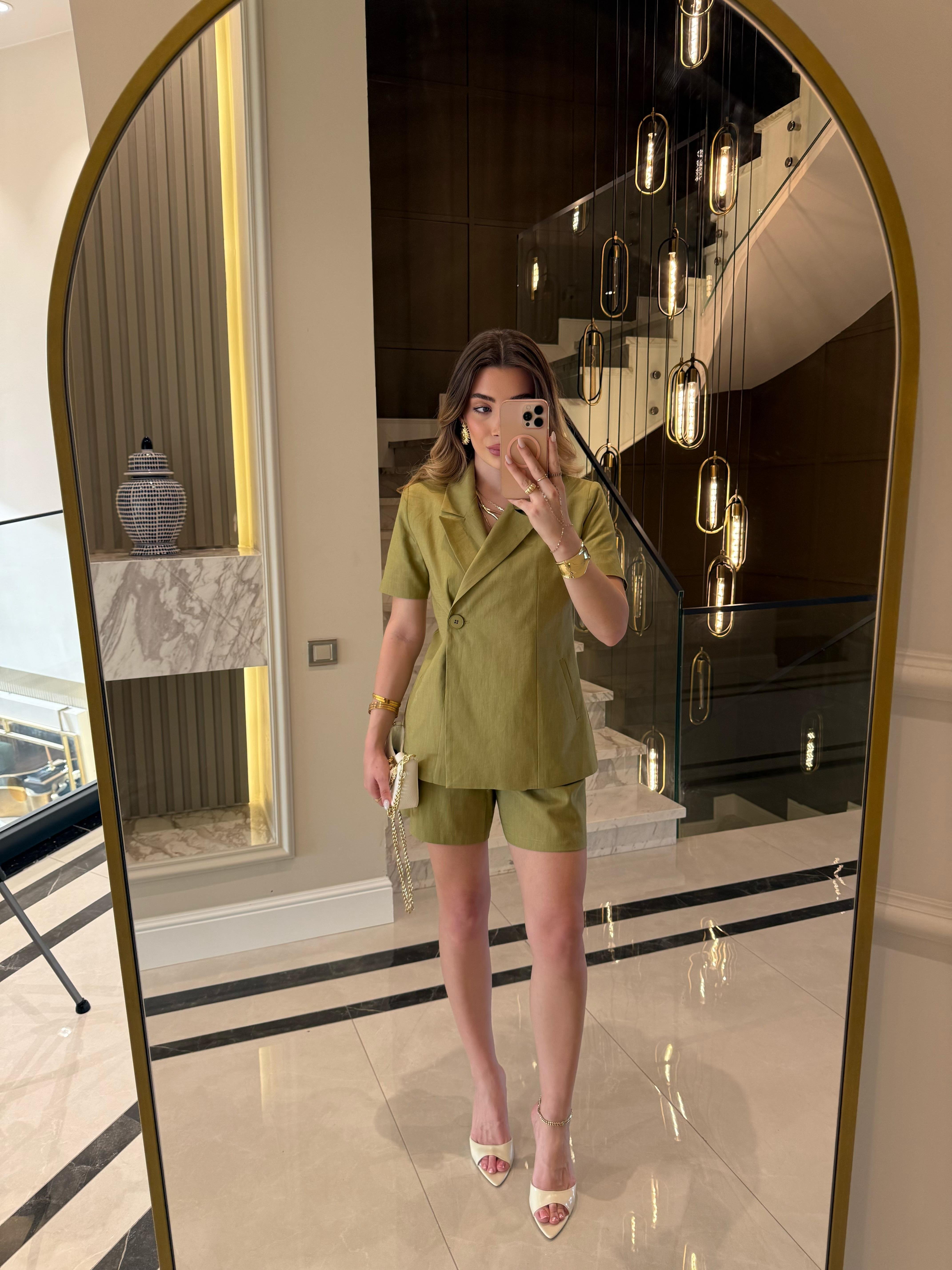 Keten Kısa Kol Blazer Ceket-Takım / Olive