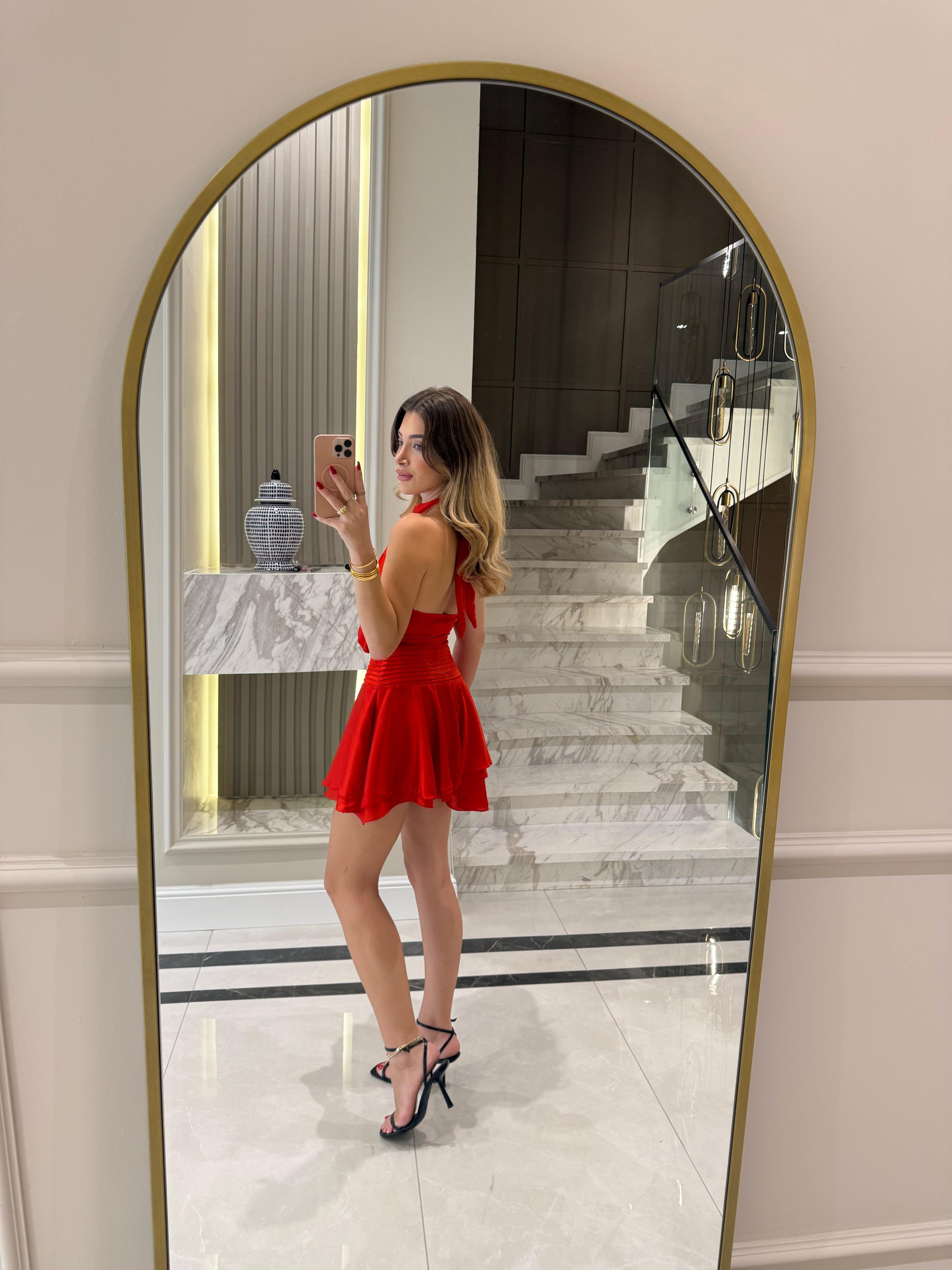 Kırmızı  Altı Volanlı Halter Yakalı Mini Elbise