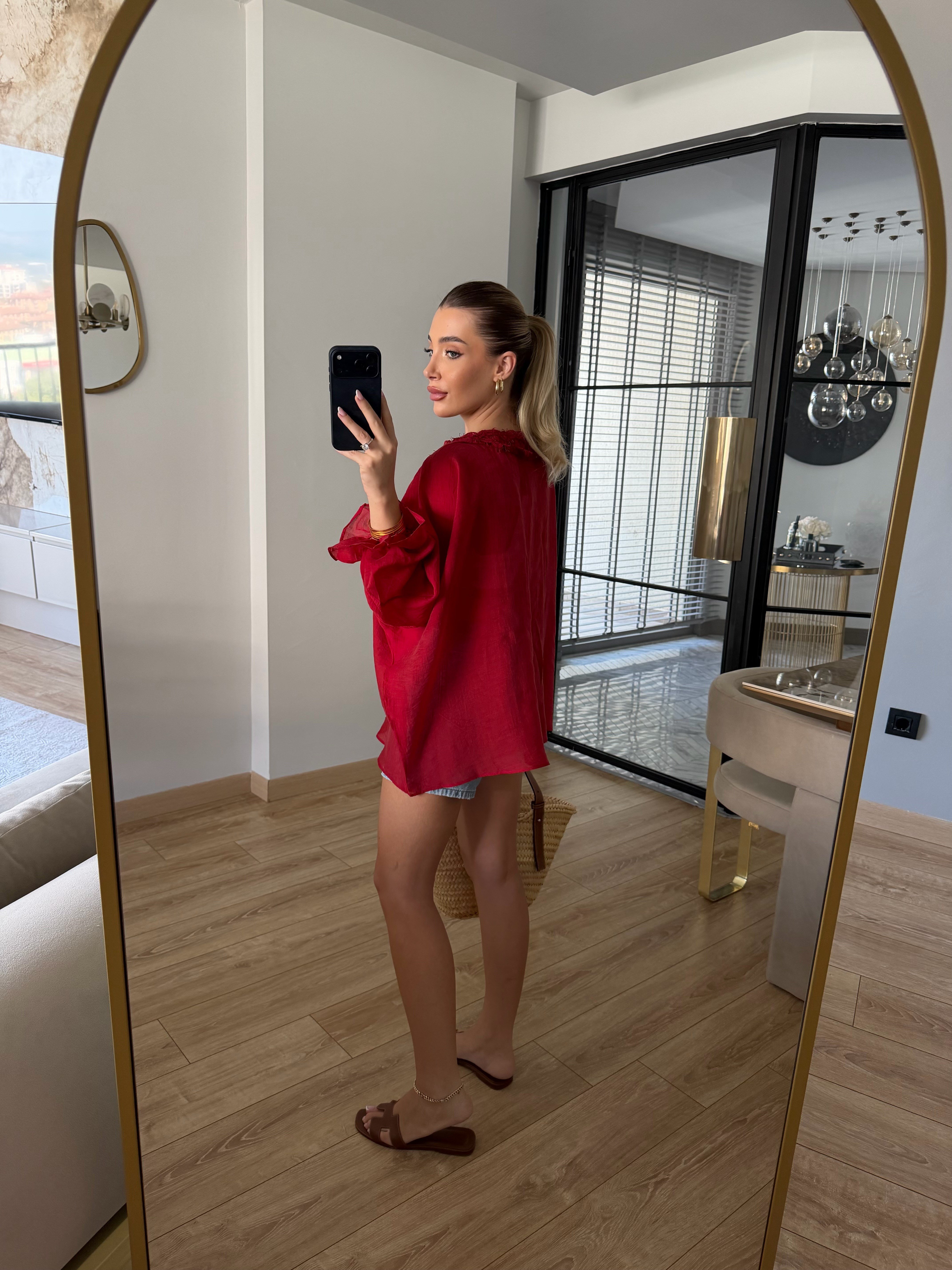 Kırmızı Dantelli Gömlek - 5108