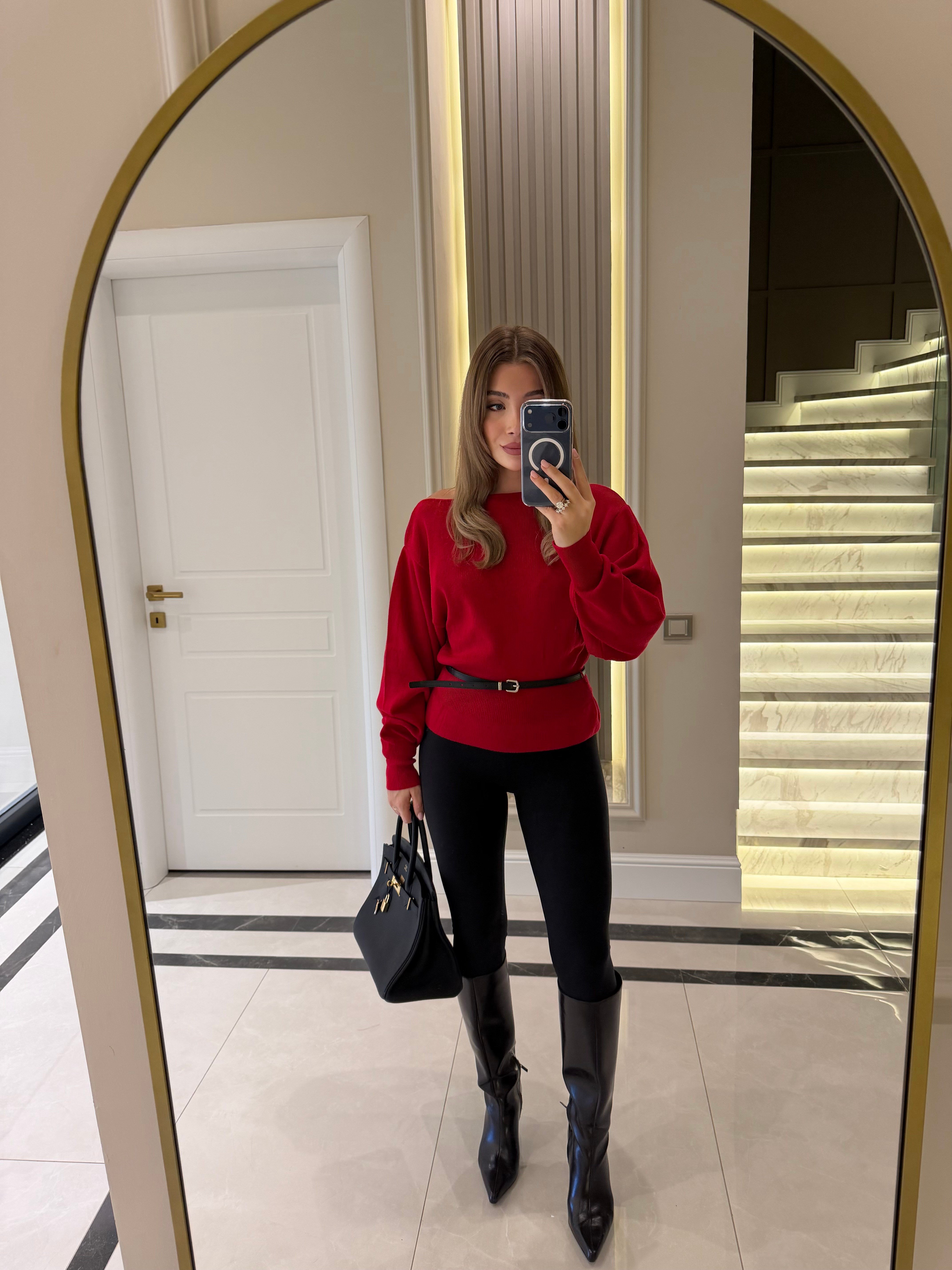 Kırmızı Ruby Omuz Dekolteli Kemerli Kazak - 5325