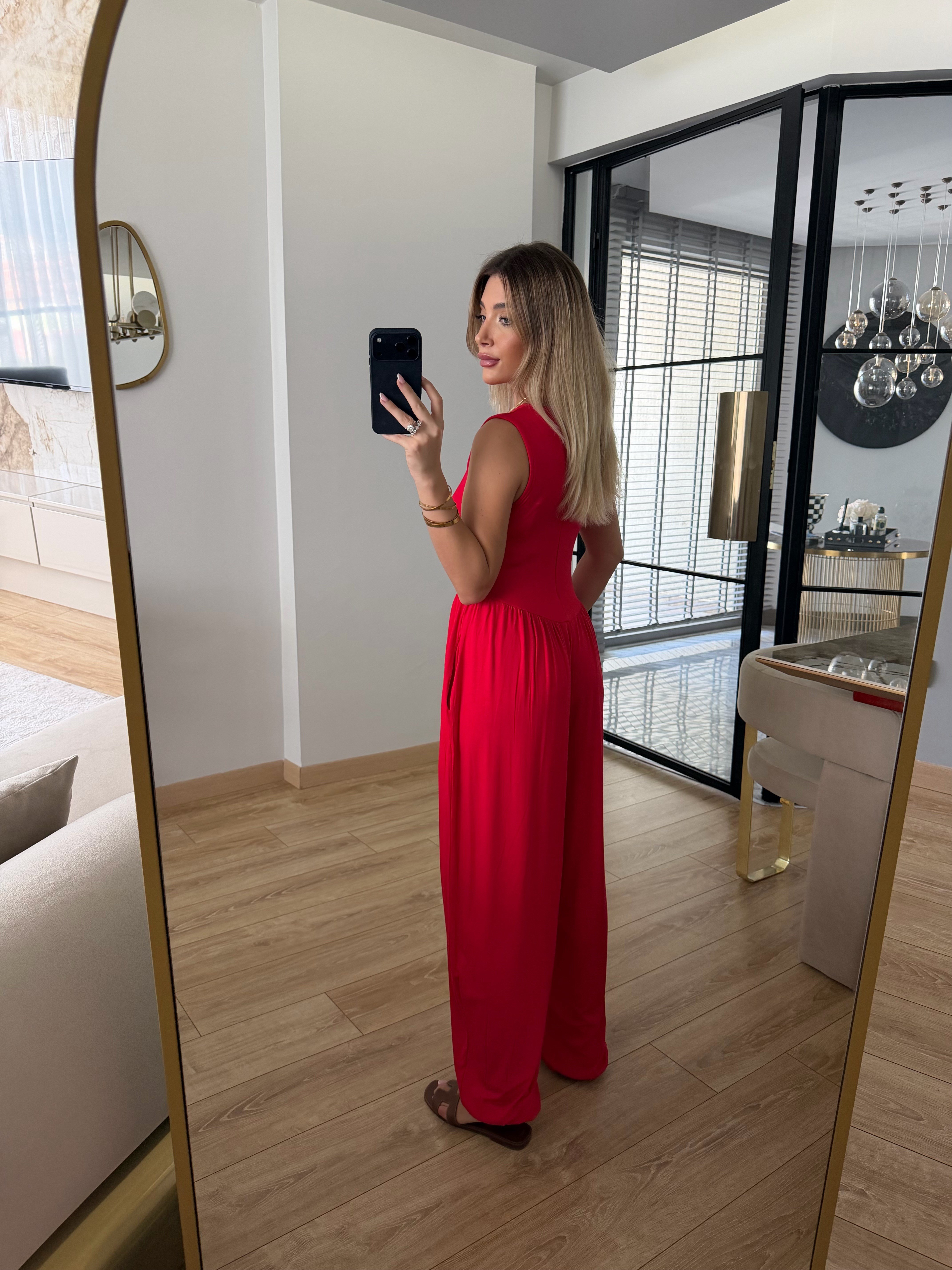 Kırmızı Sıfır Kol Modal Kumaş Tulum - 4144