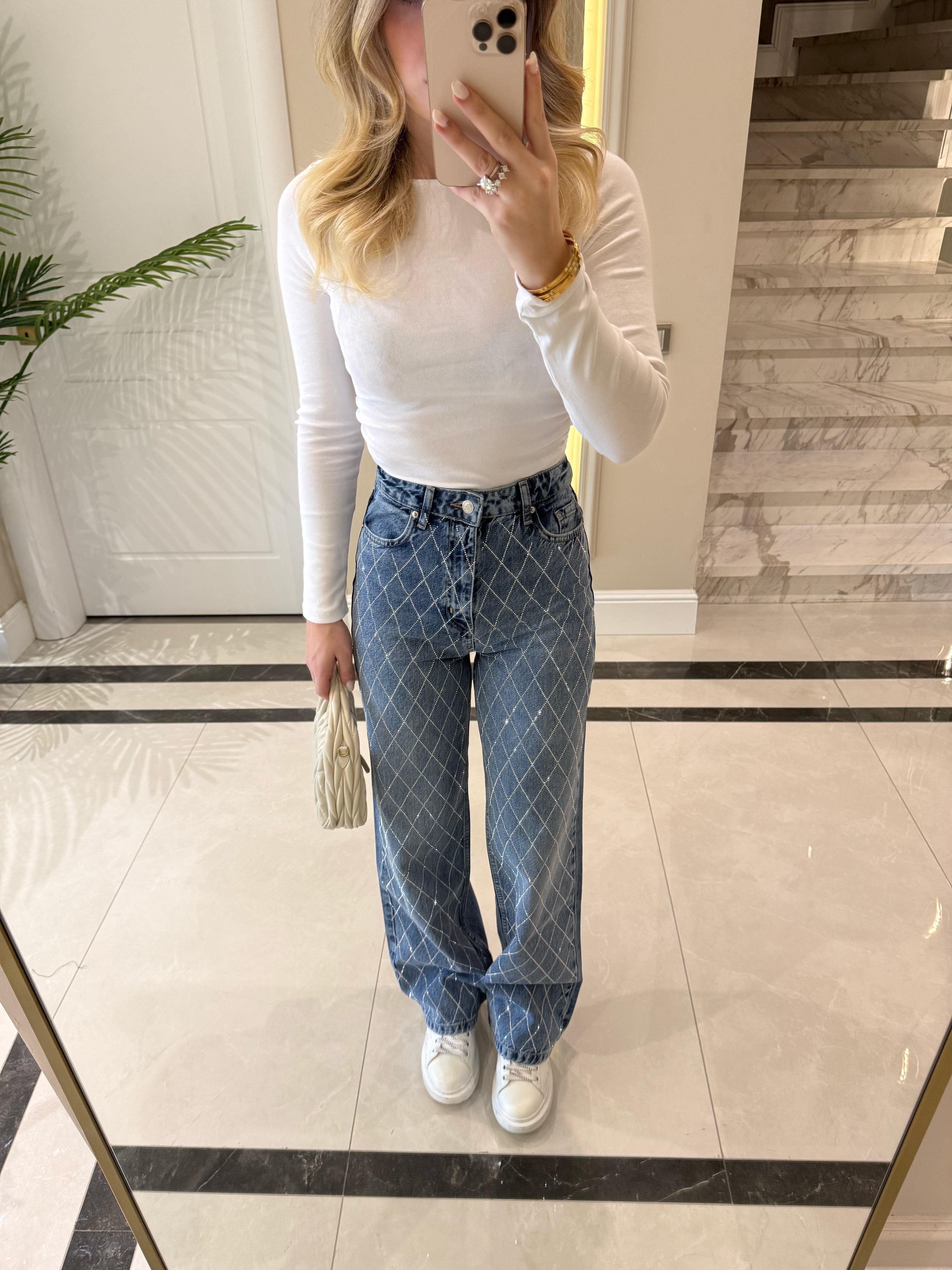 Koyu İndigo Baklava Desen Taşlı Wide Leg Jean