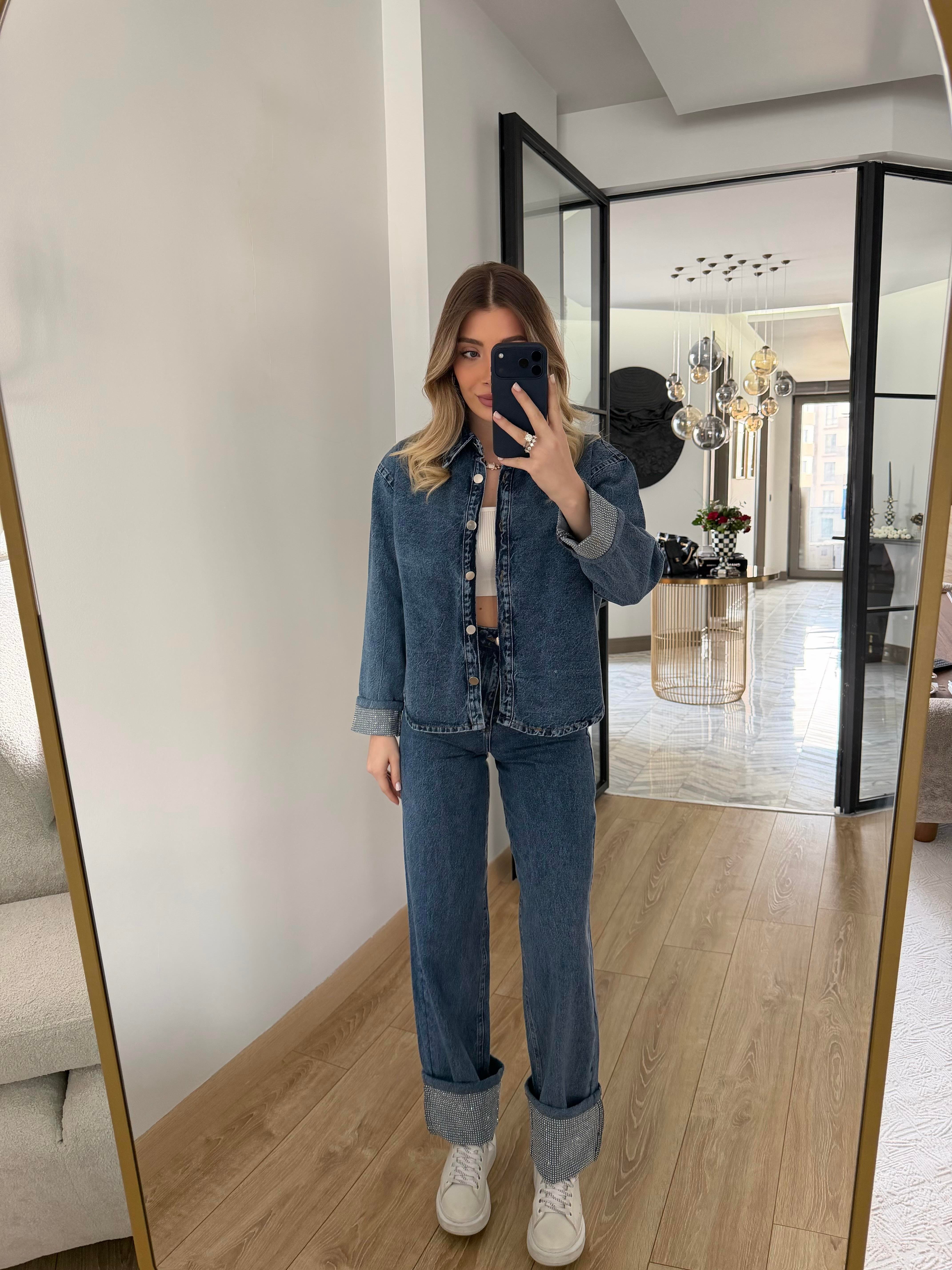 Koyu İndigo Paça Kıvırmalı Denim takım 0191