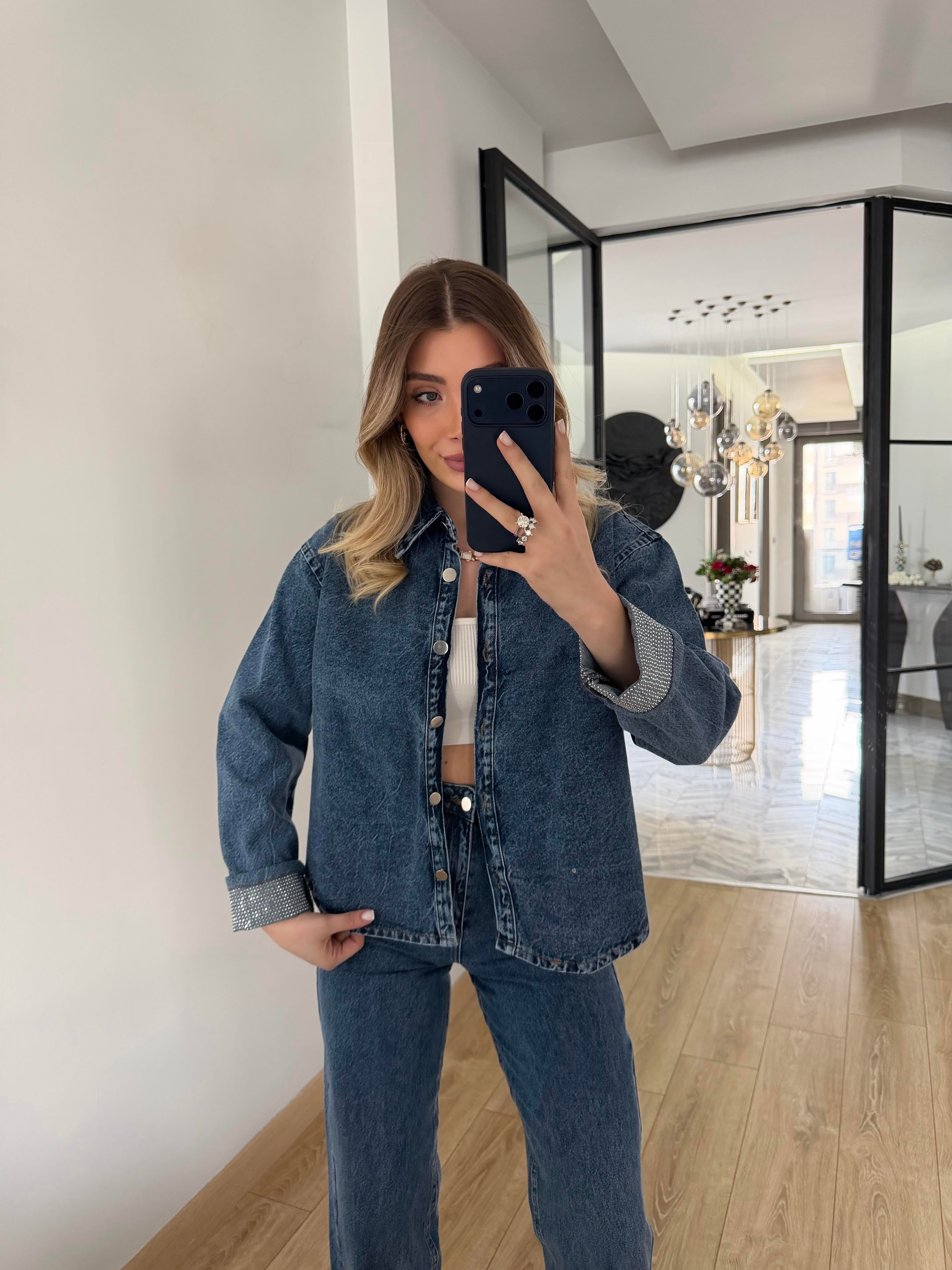 Koyu İndigo Paça Kıvırmalı Denim takım 0191