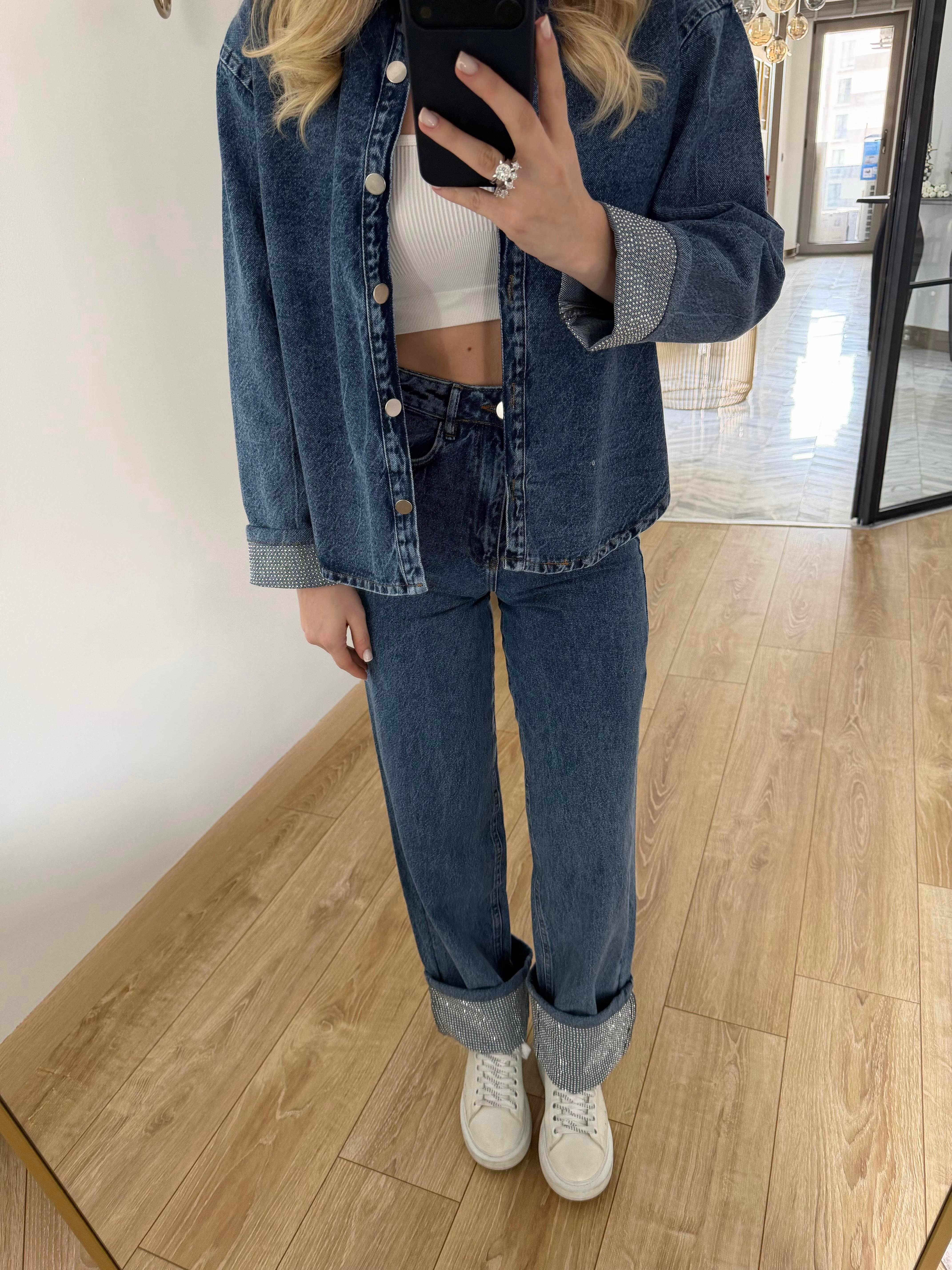 Koyu İndigo Paça Kıvırmalı Denim takım 0191