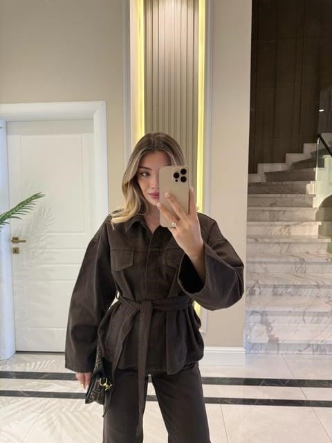 Koyu Kahve Cepli Kuşaklı Denim Takım-