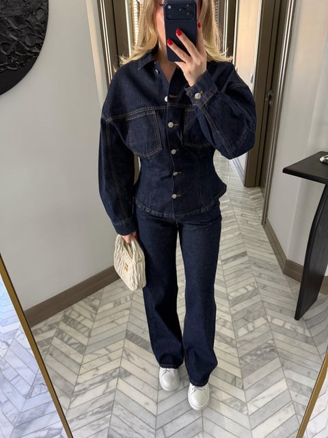 Koyu Lacivert Belden Oturan Denim Takım
