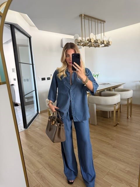 Koyu Mavi Denim Görünümlü Tensel Kumaş Gömlek-Pantolon İkili Takım