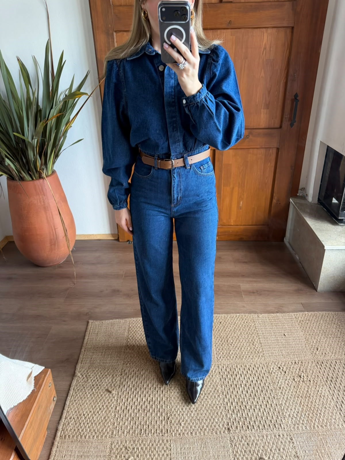 Koyu Mavi Denim Kemerli Tulum
