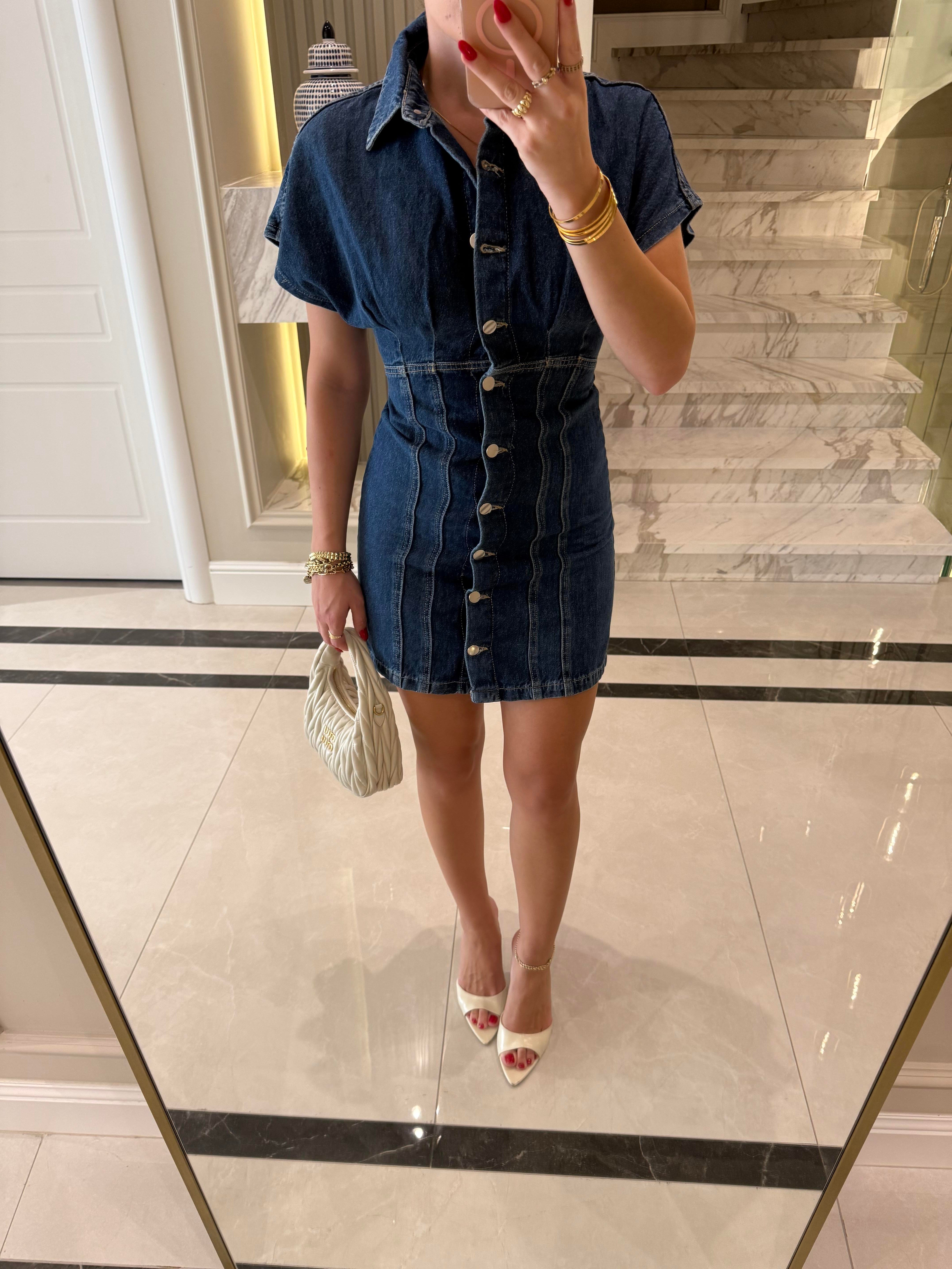 Koyu Mavi Düğmeli Kısa Denim Elbise