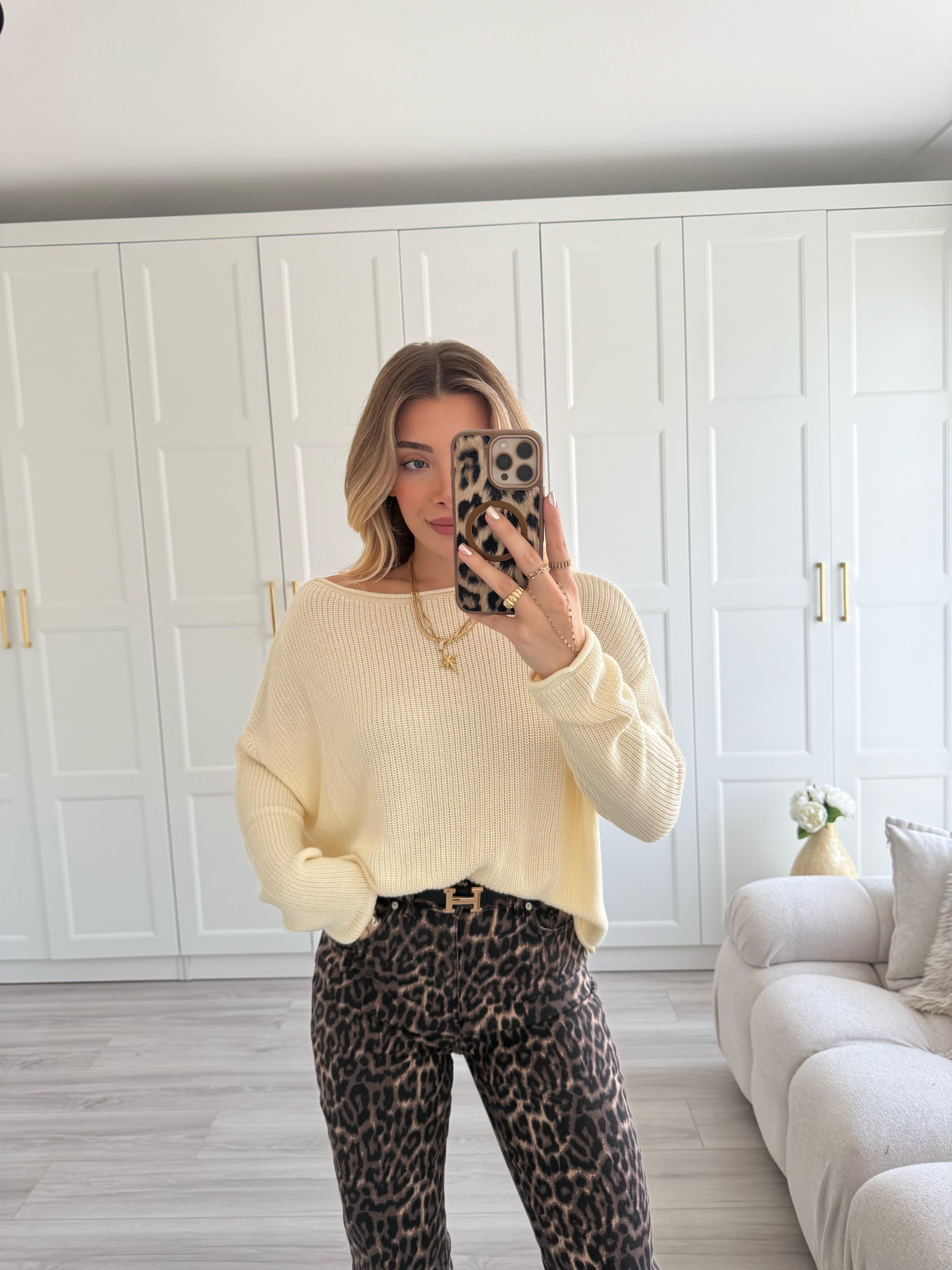 Krem Kayık Yaka Basic Triko Kazak- 10804