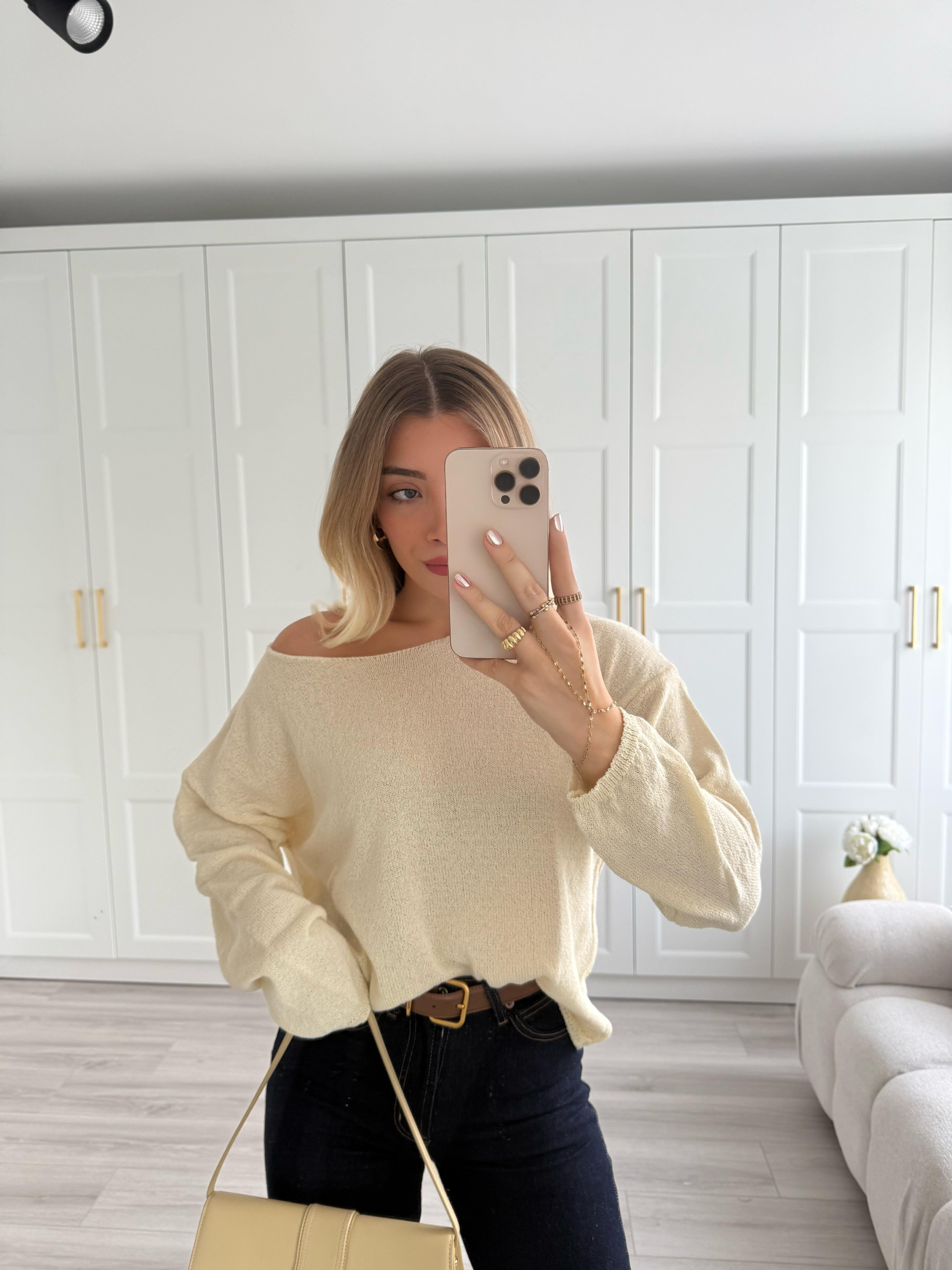 Krem Kayık Yaka Merserize Triko