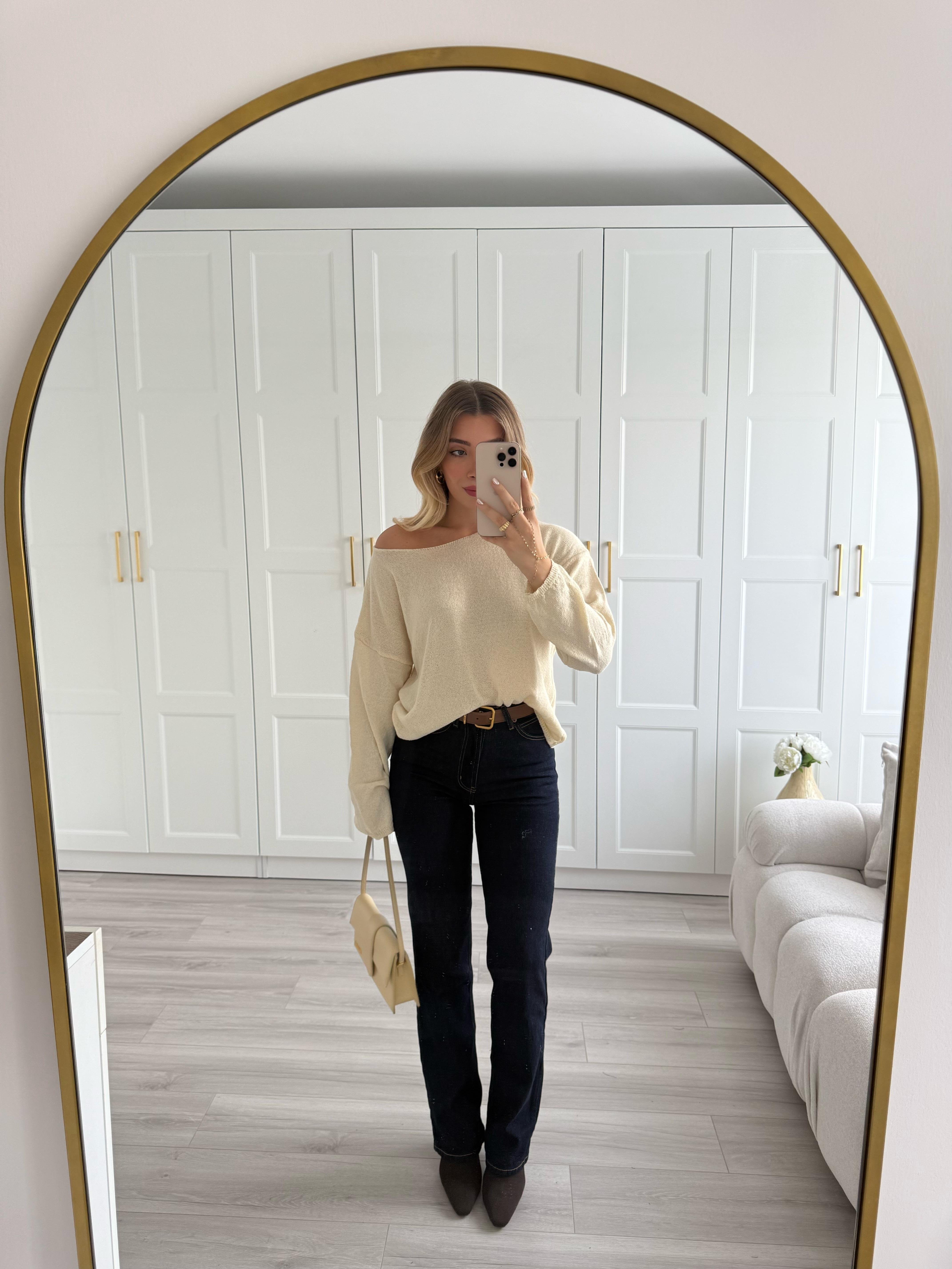 Krem Kayık Yaka Merserize Triko