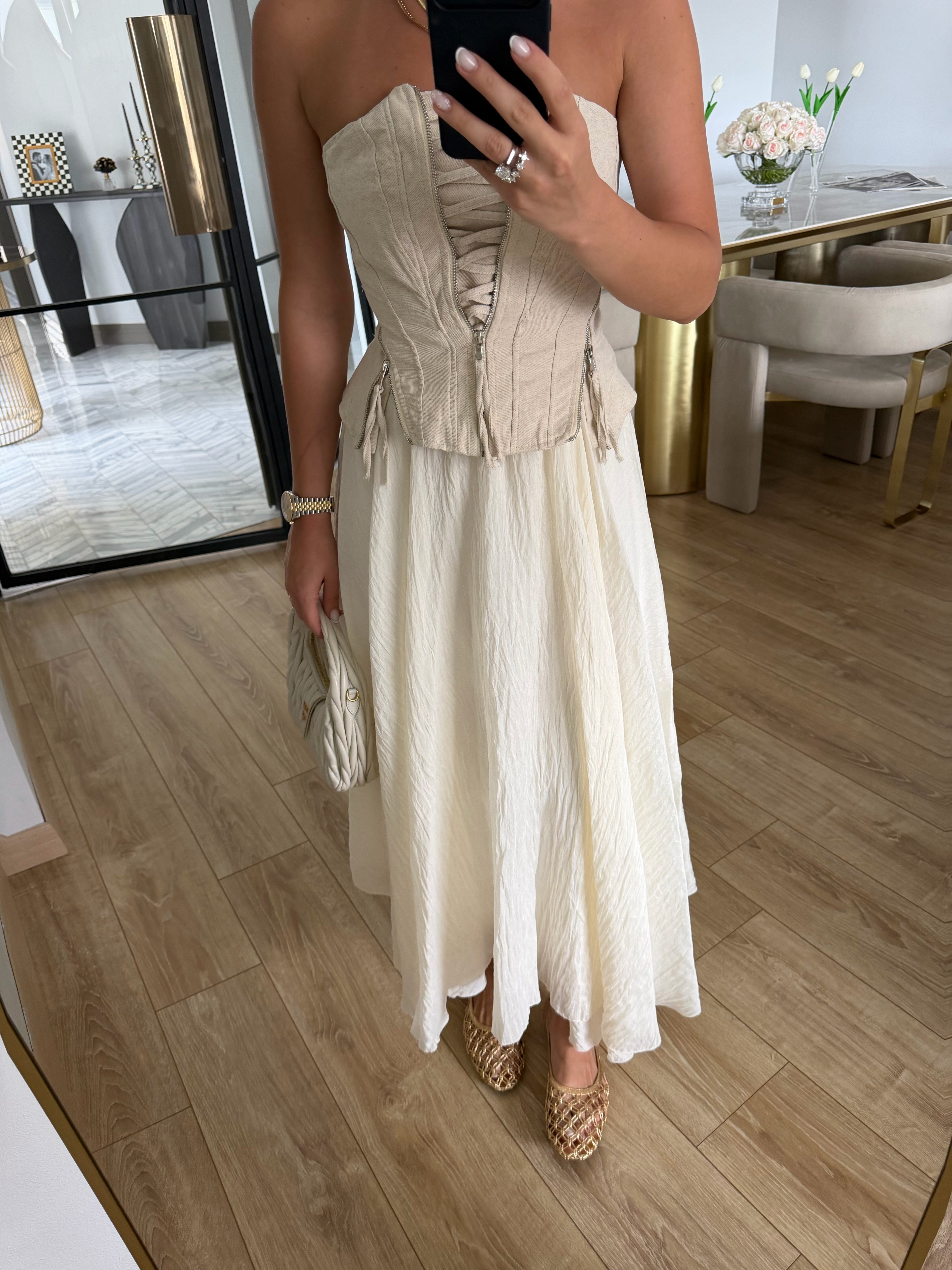 Krem Rengi Kraşlı Buruşuk Etek-1022