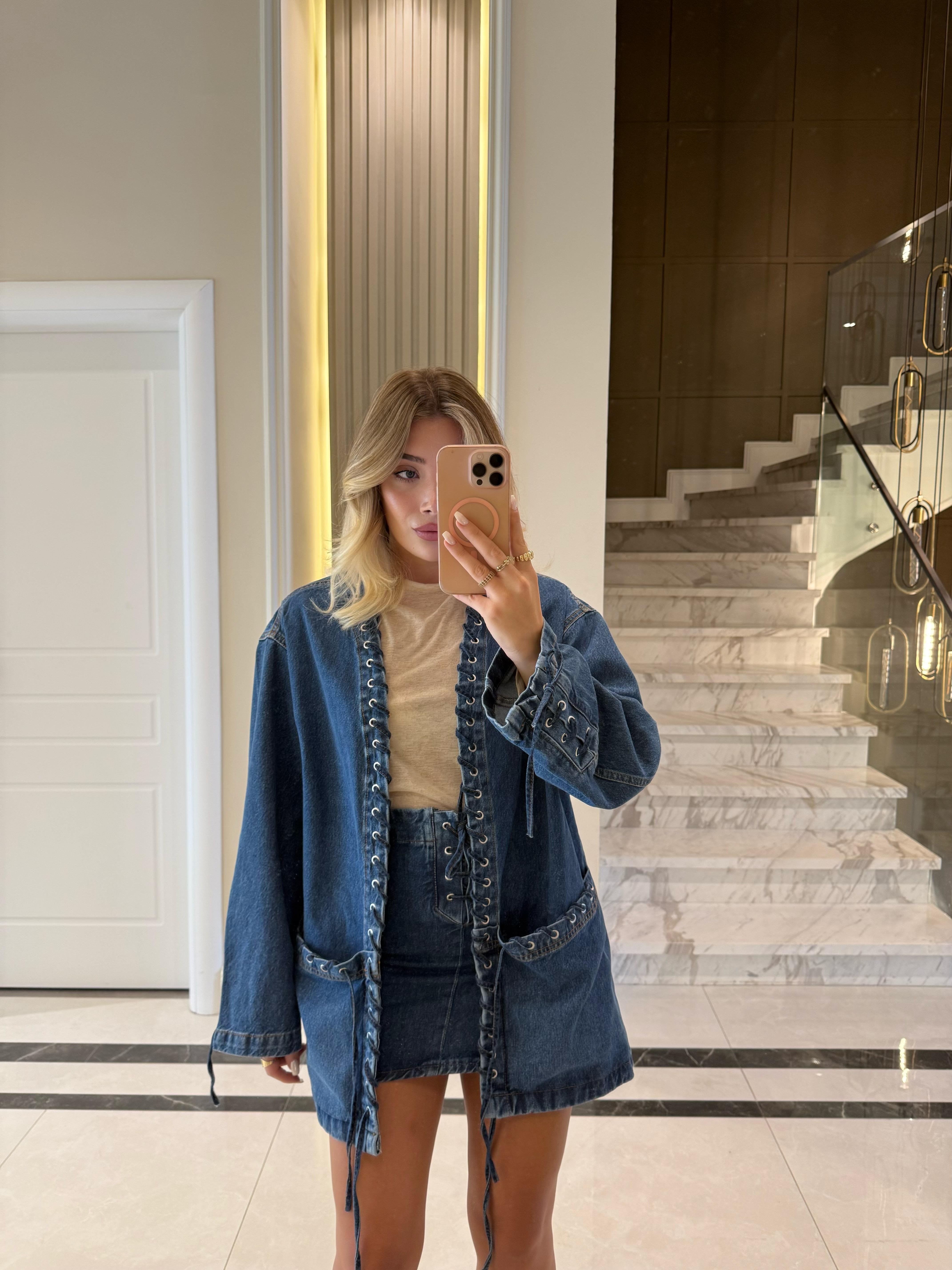 Kuş Gözü Detaylı İkili Denim Takım 