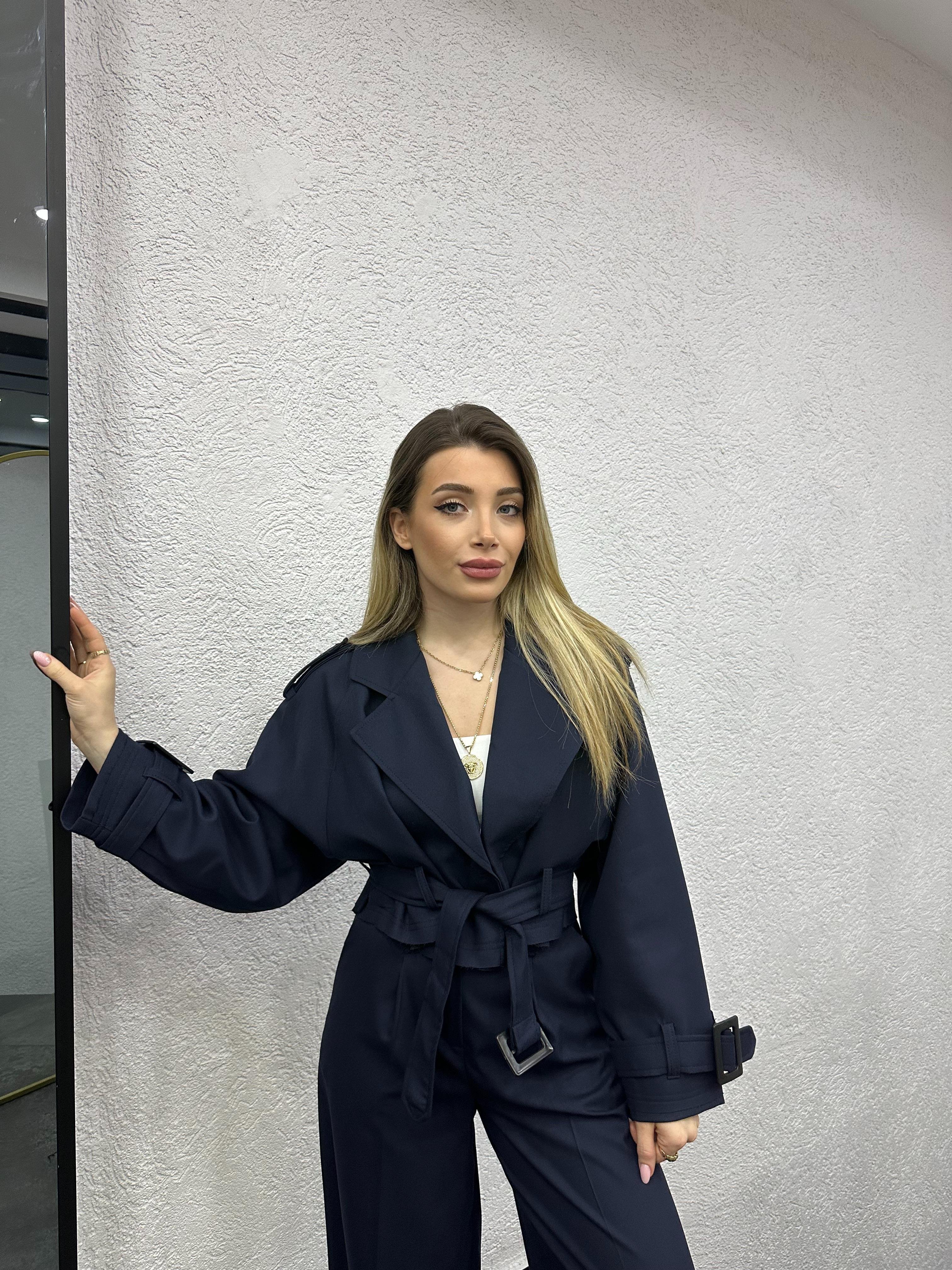 Lacivert  Apoletli Kısa Trenç