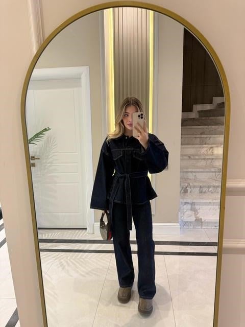 Lacivert Cepli Kuşaklı Denim Takım