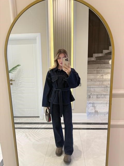 Lacivert Cepli Kuşaklı Denim Takım