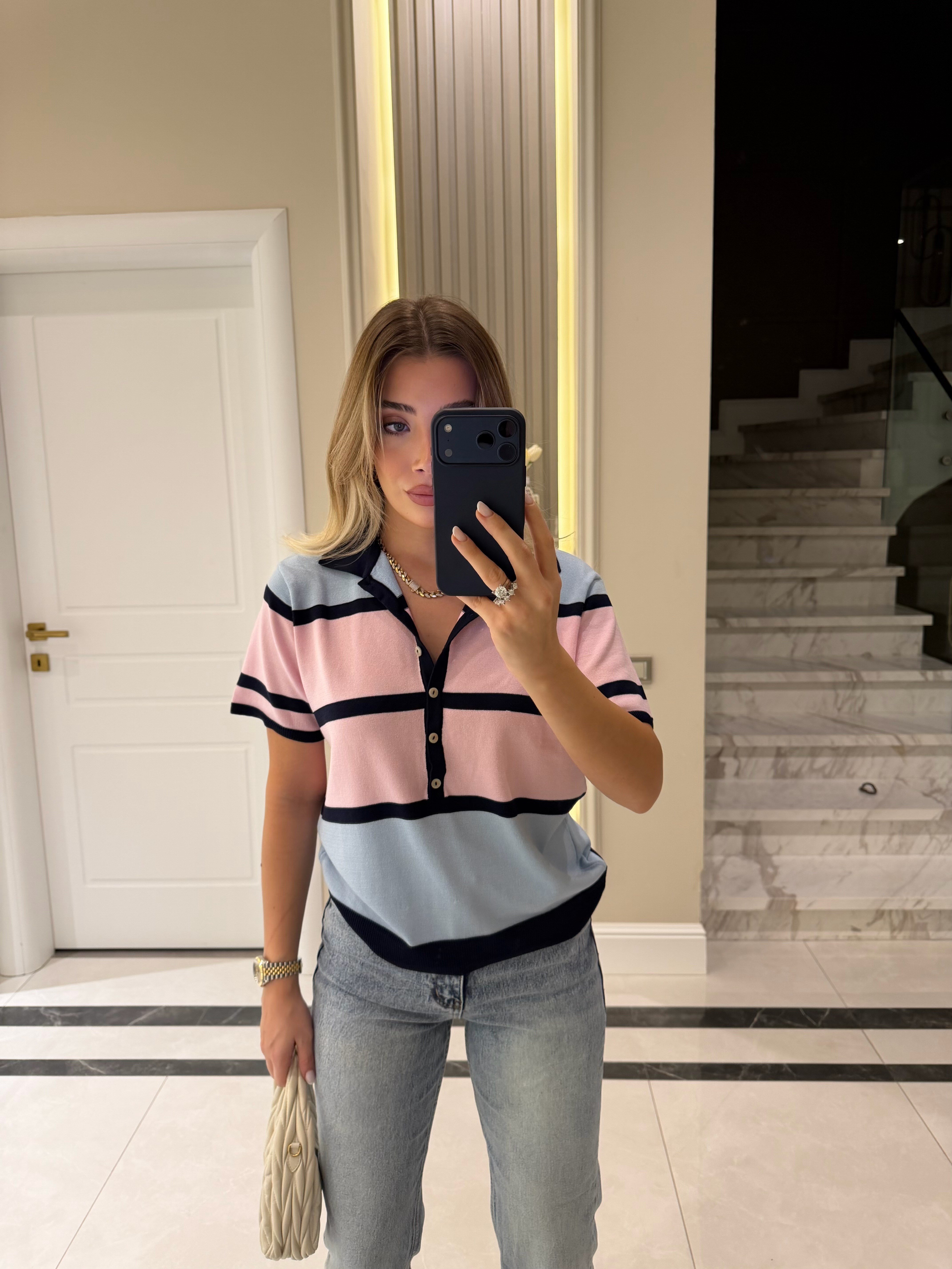 Lacivert Çizgili Polo Yaka Triko Kazak - 5469