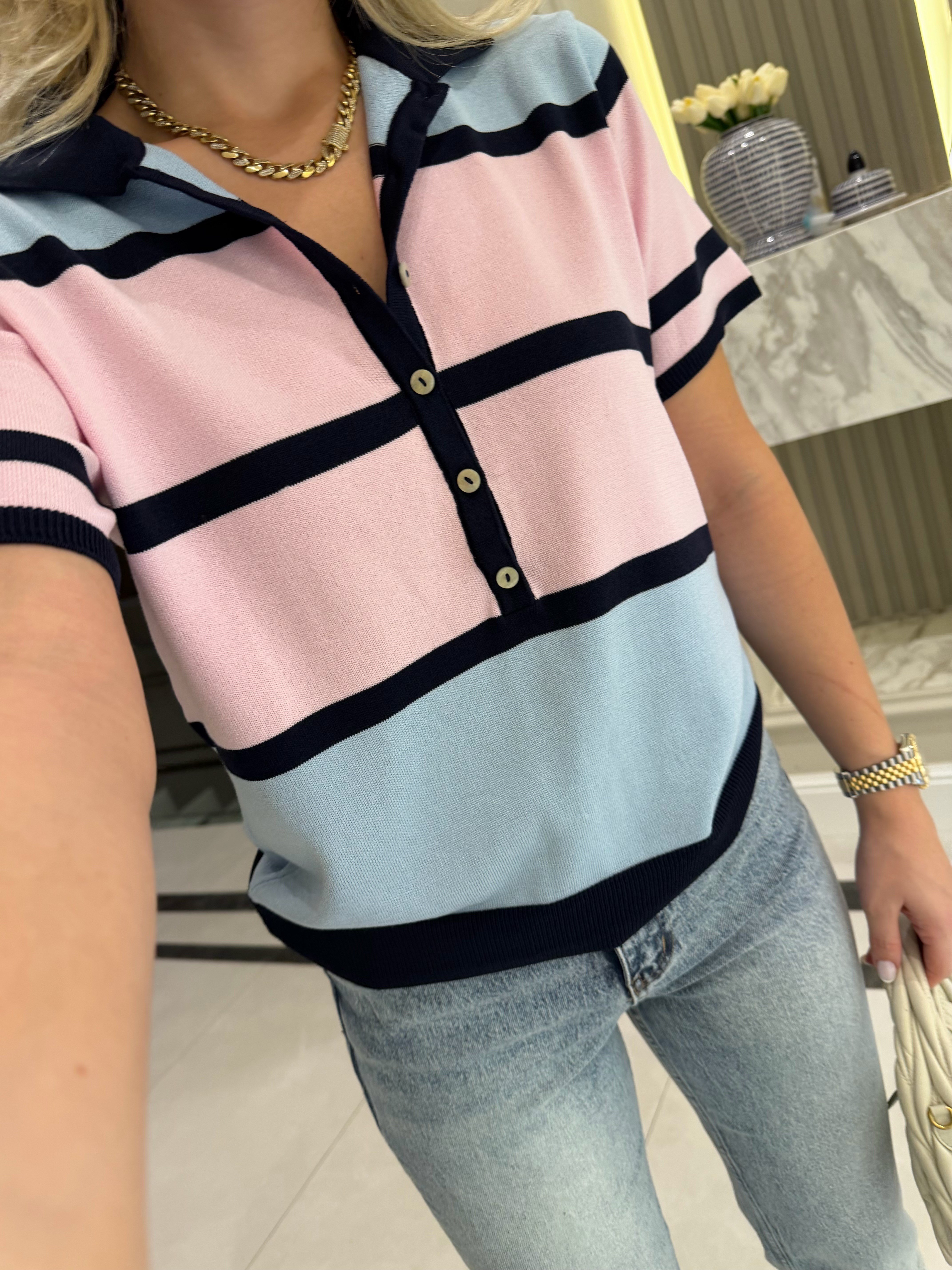 Lacivert Çizgili Polo Yaka Triko Kazak - 5469