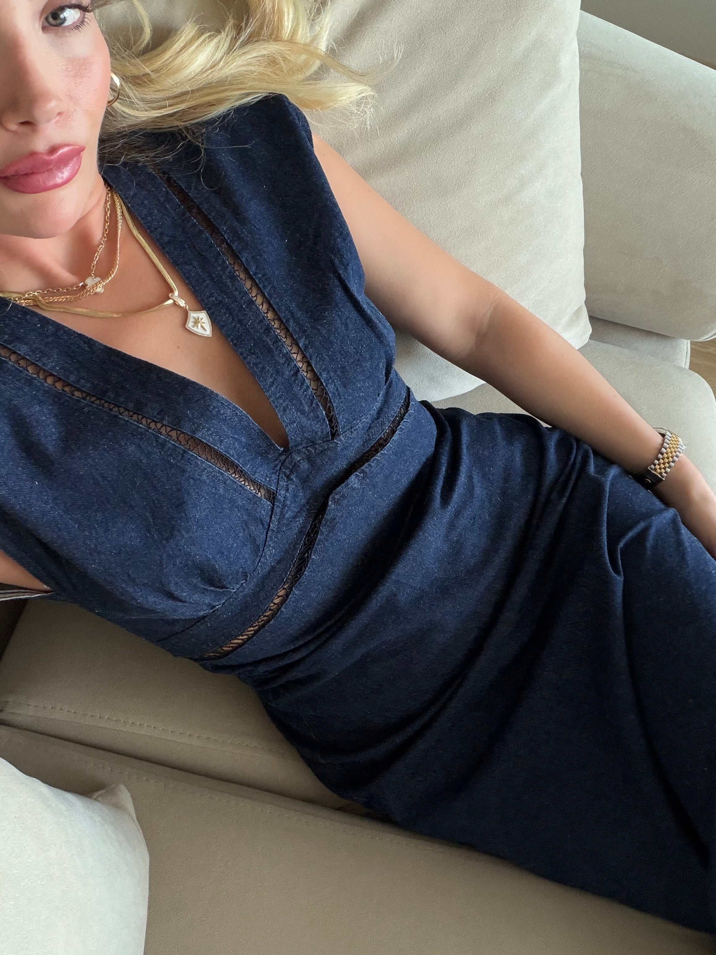 Lacivert Dantel Detaylı Marka Model Denim Midi Elbise