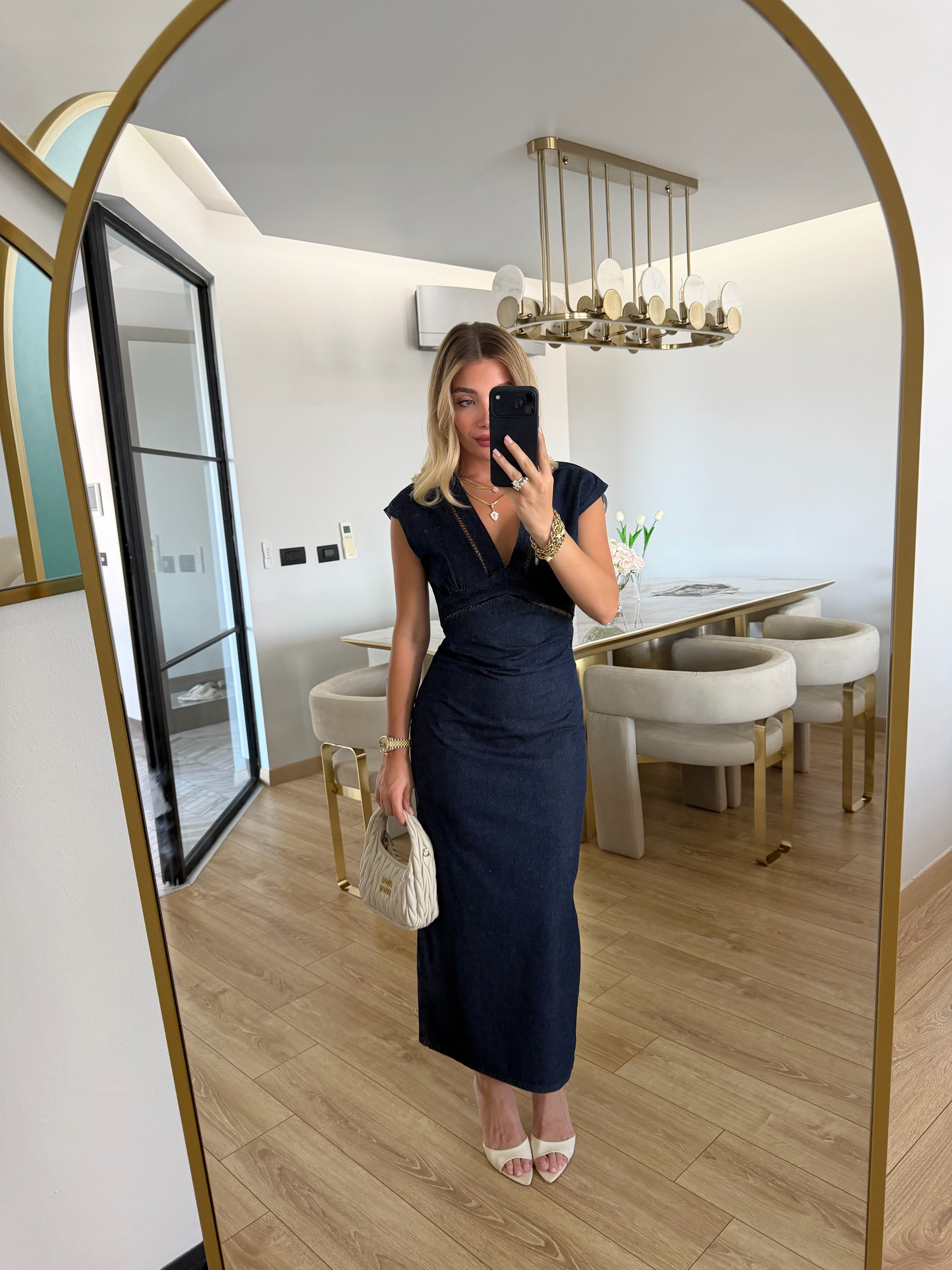 Lacivert Dantel Detaylı Marka Model Denim Midi Elbise