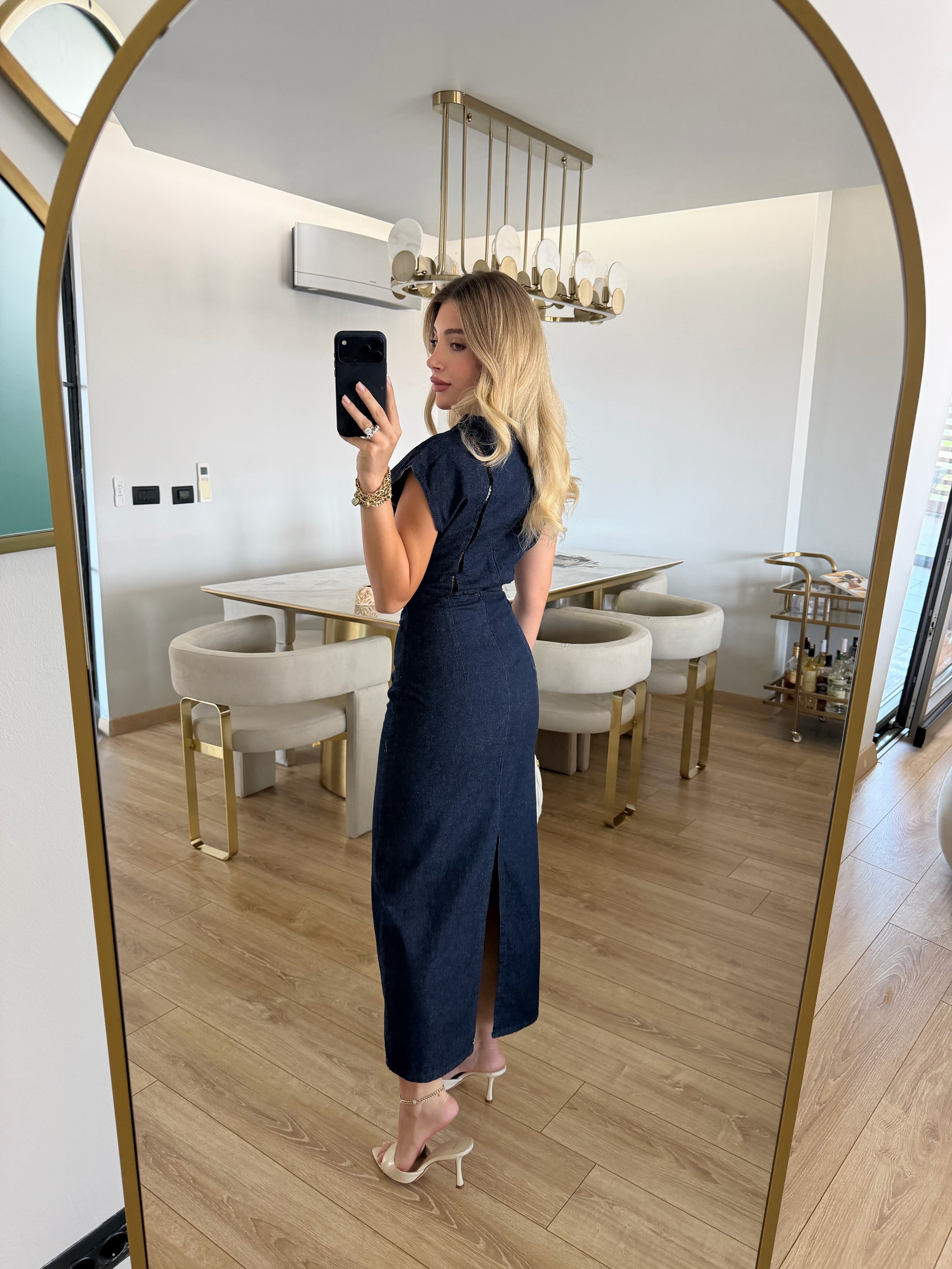 Lacivert Dantel Detaylı Marka Model Denim Midi Elbise
