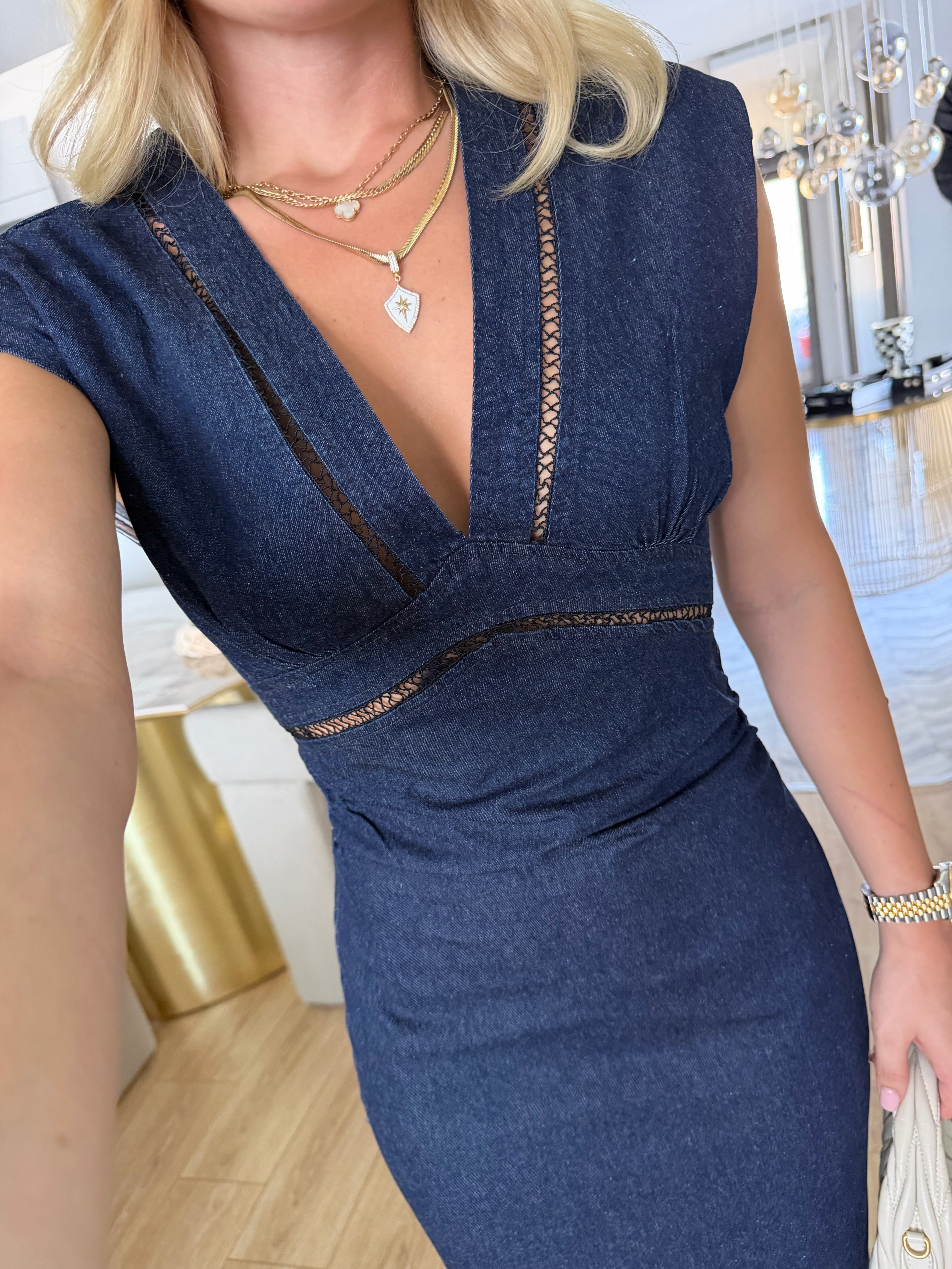 Lacivert Dantel Detaylı Marka Model Denim Midi Elbise