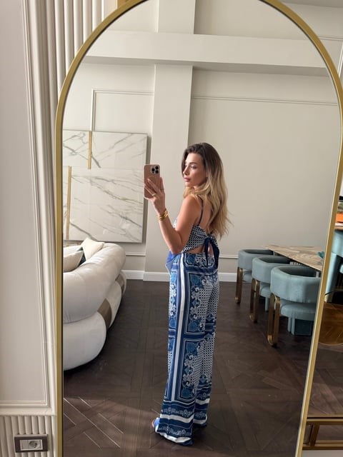Lacivert Desenli Saten Bluz Pantolon İkili Takım- 7247