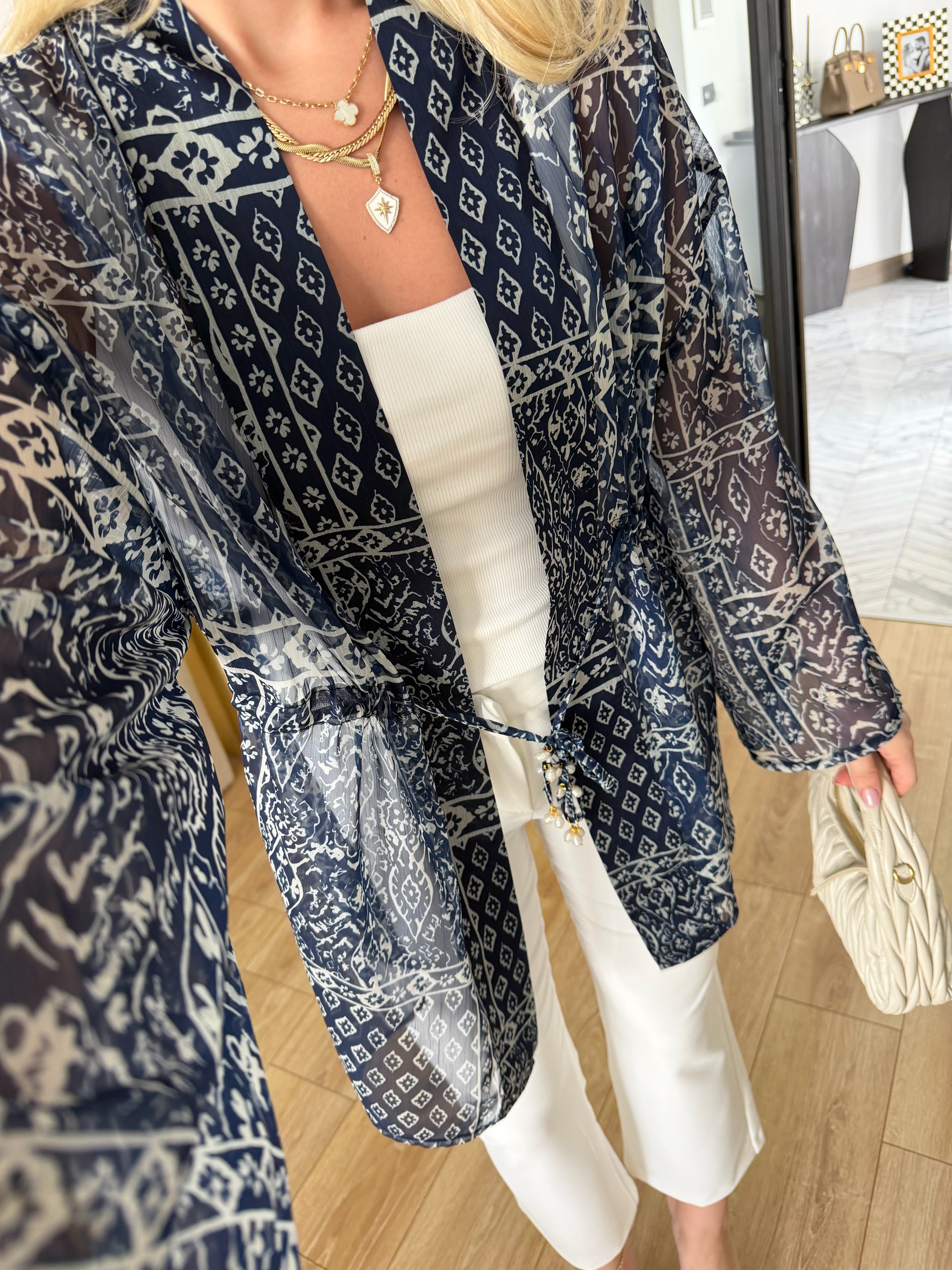Lacivert Etnik Desenli Ara Boy Kimono 2130