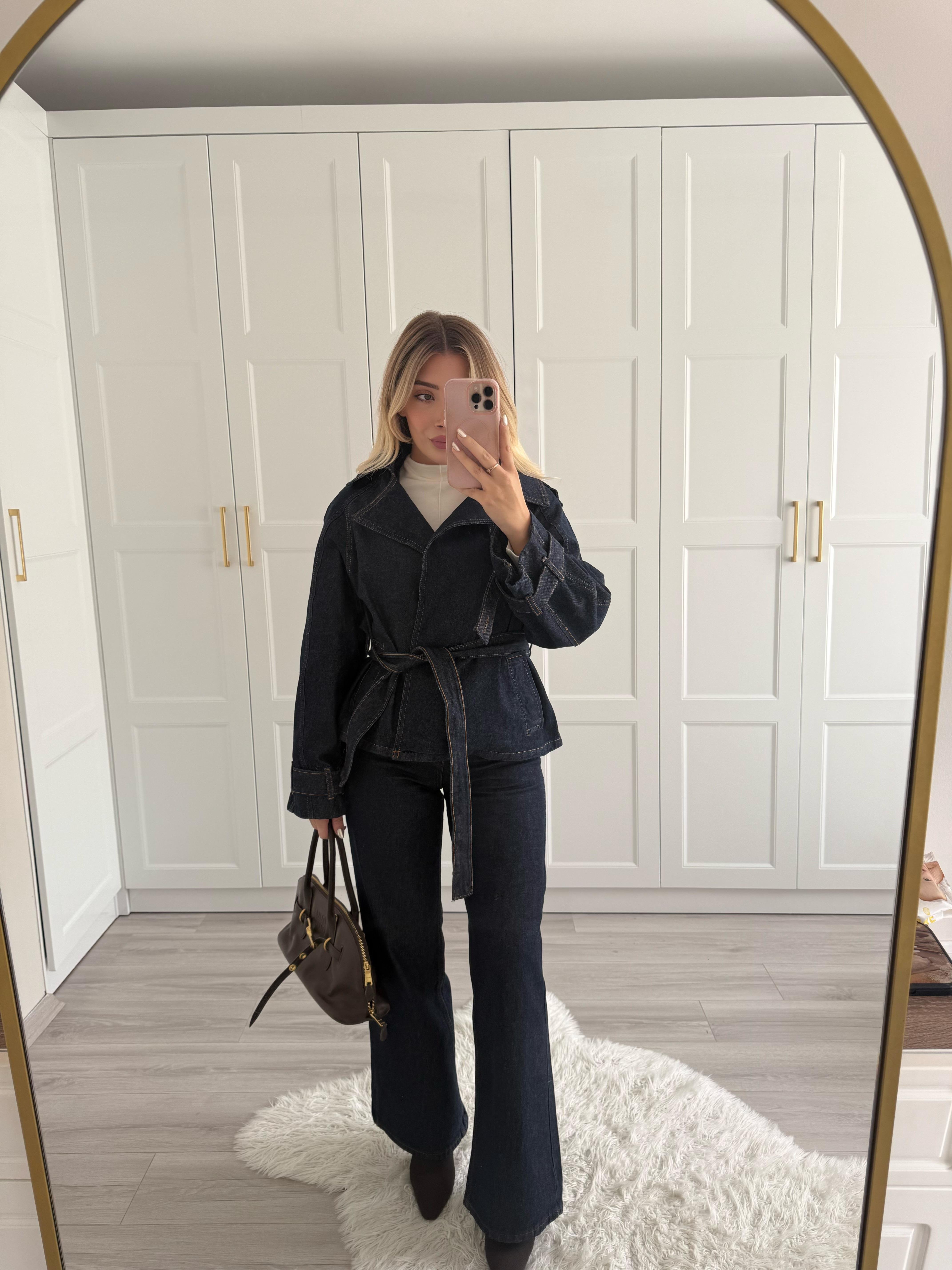 Lacivert Geniş Yakalı Kuşaklı Denim Takım
