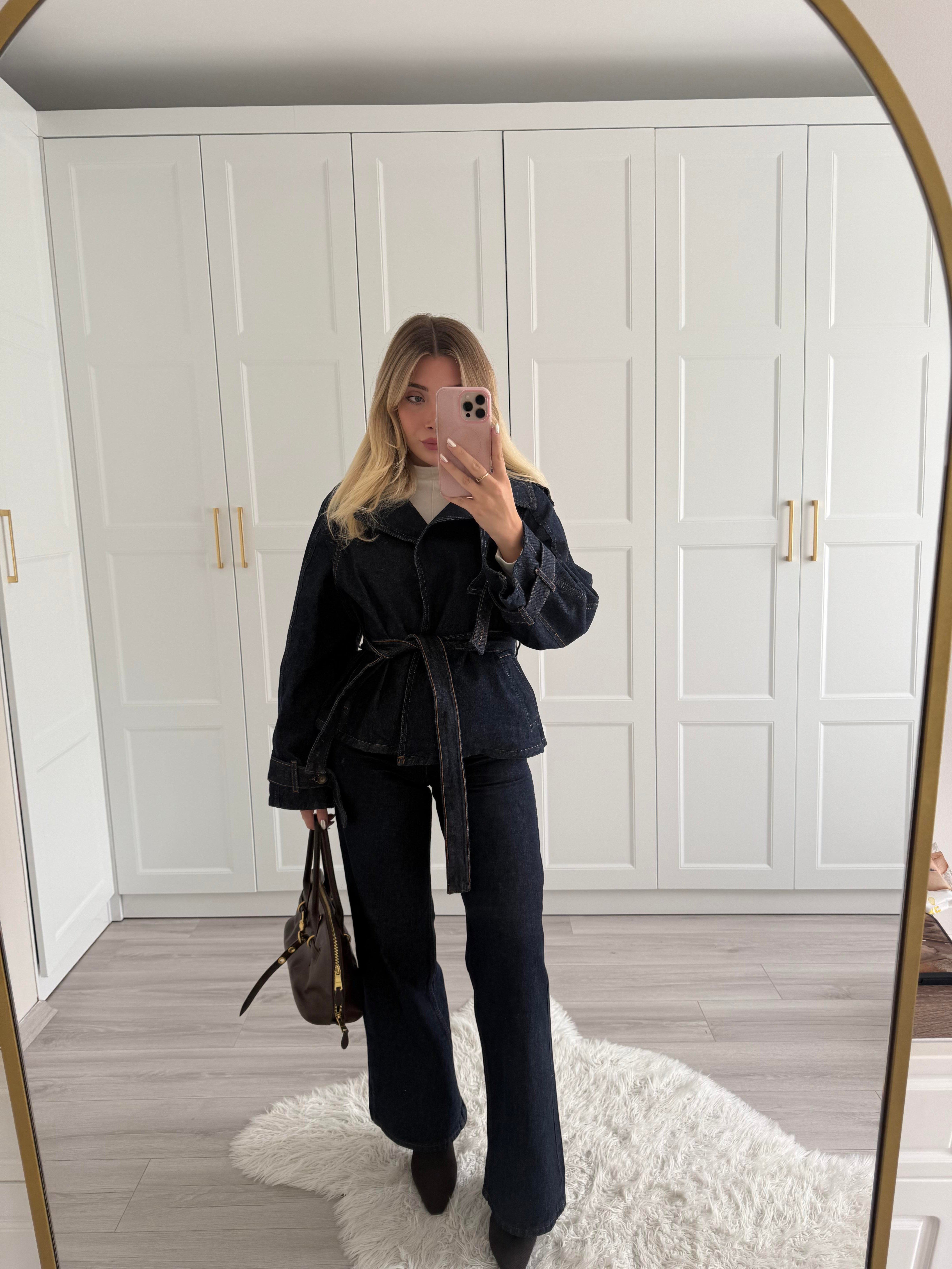 Lacivert Geniş Yakalı Kuşaklı Denim Takım