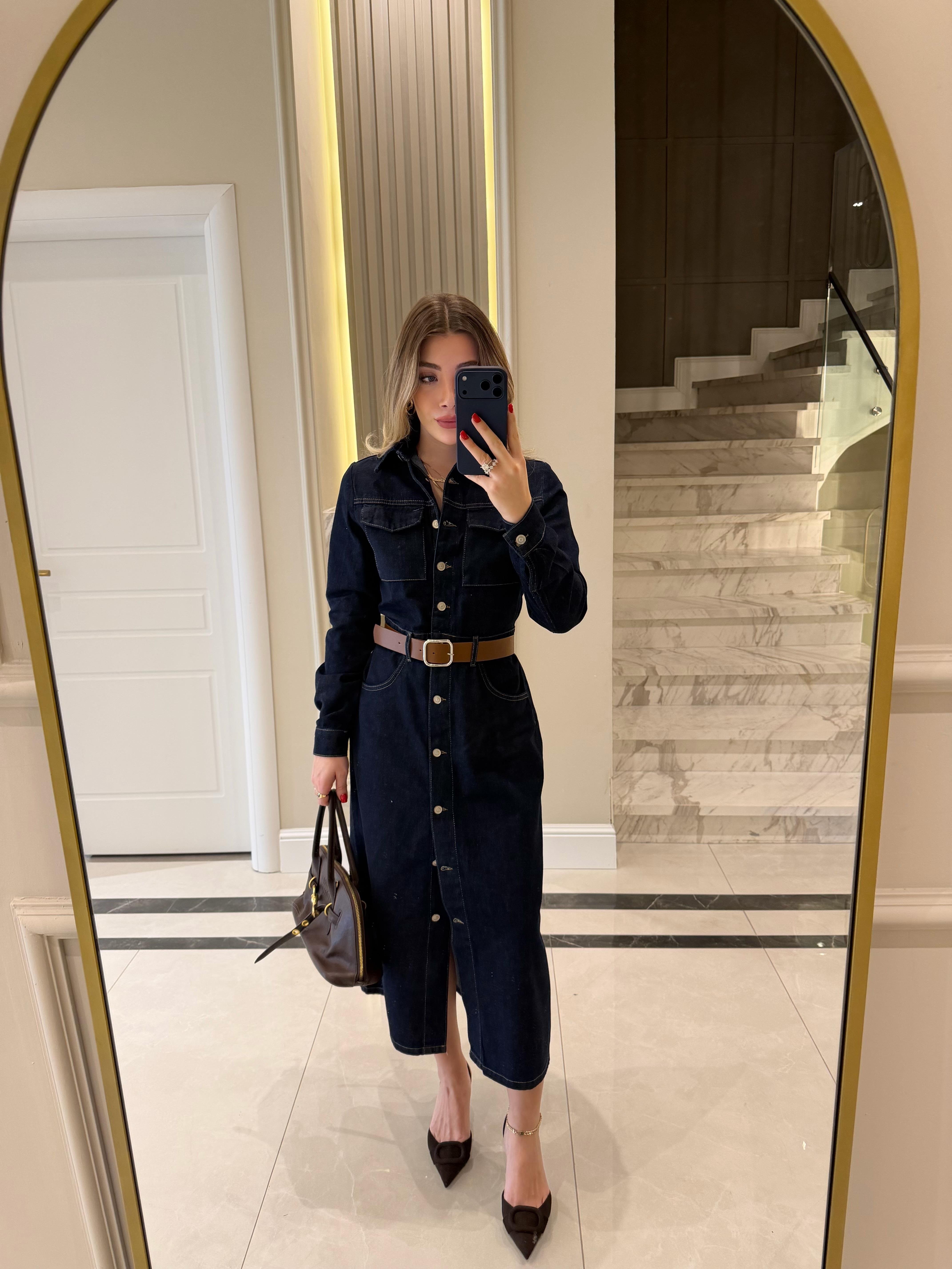 Lacivert Kendinden Kemerli Denim Elbise