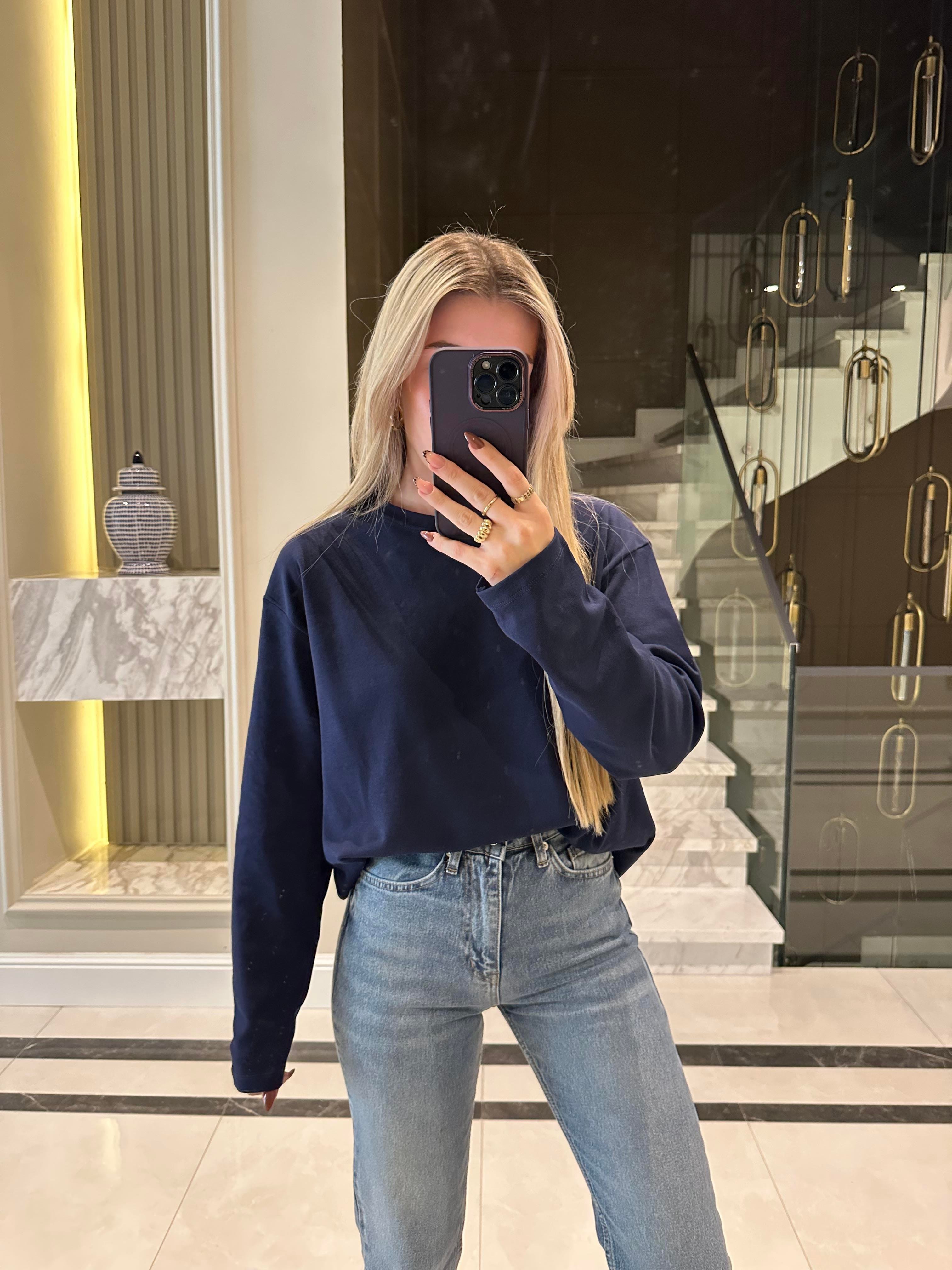 Lacivert Orjinal Marka Uzun Kollu Basic Tişört