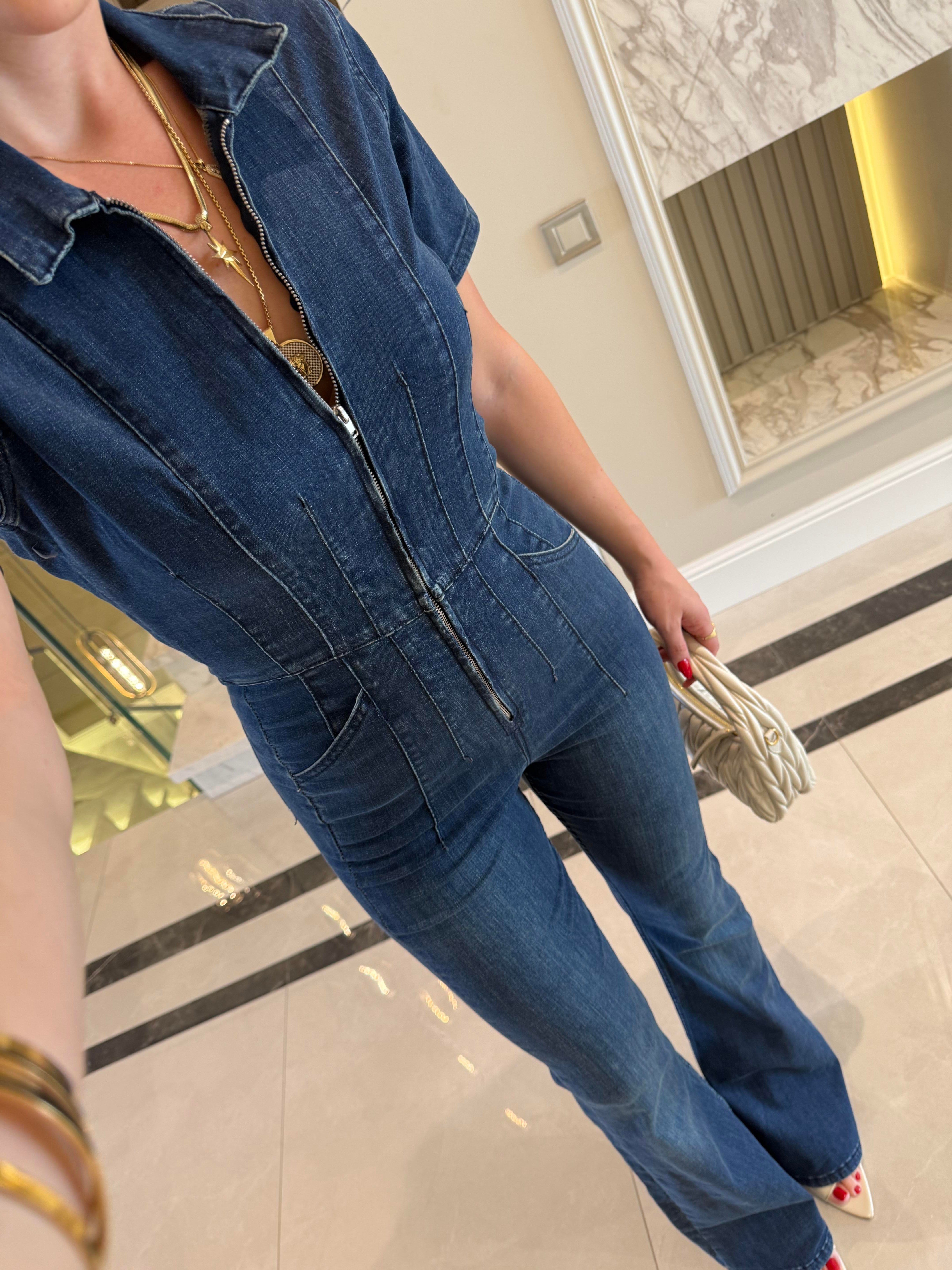 Lacivert Pensli Denim Tulum