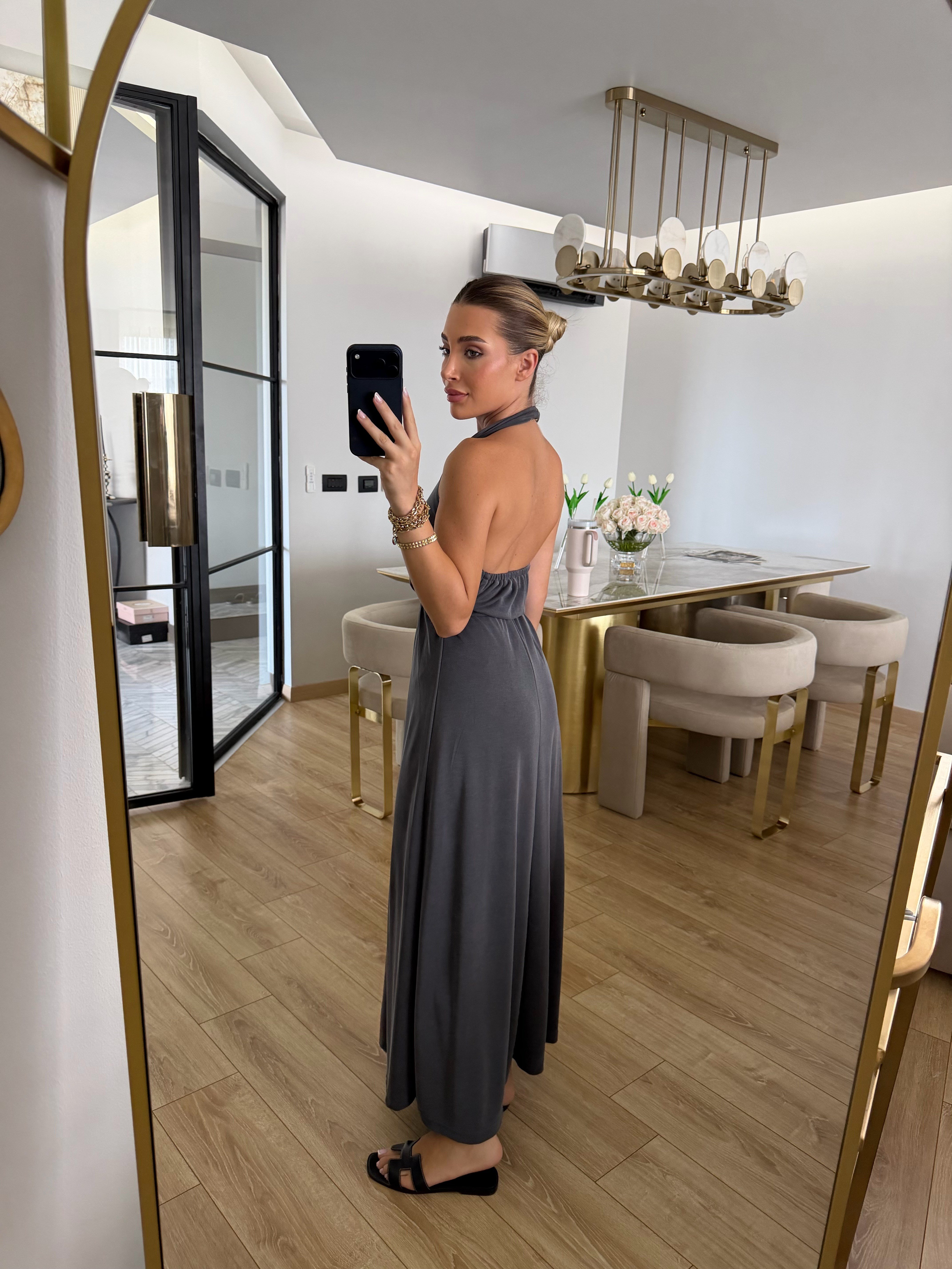 Lacivert Sırtı Açık Pike Elbise-4196