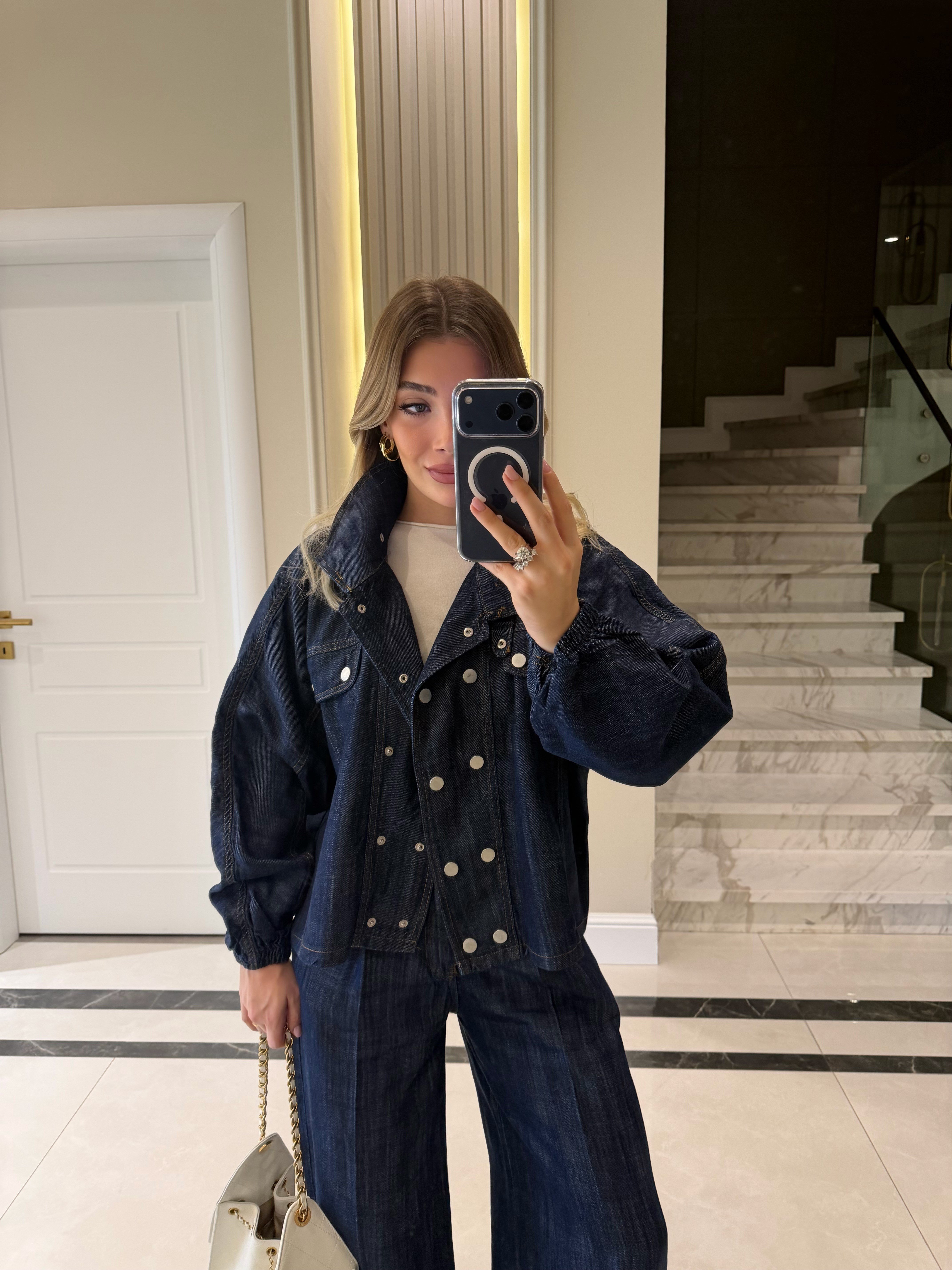 Lacivert Yarasa Kol Denim Takım