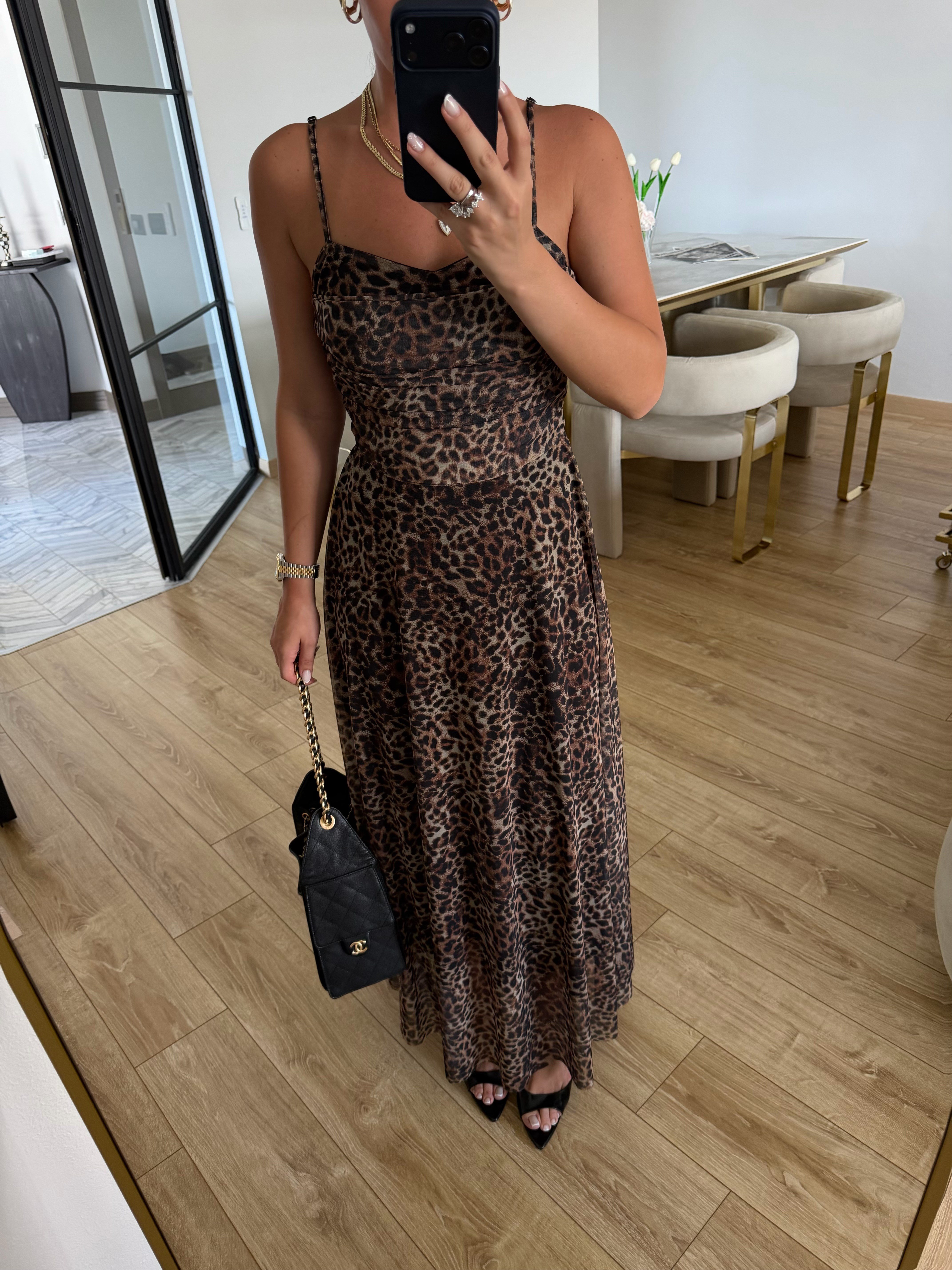 Leopar Askılı Desenli Elbise