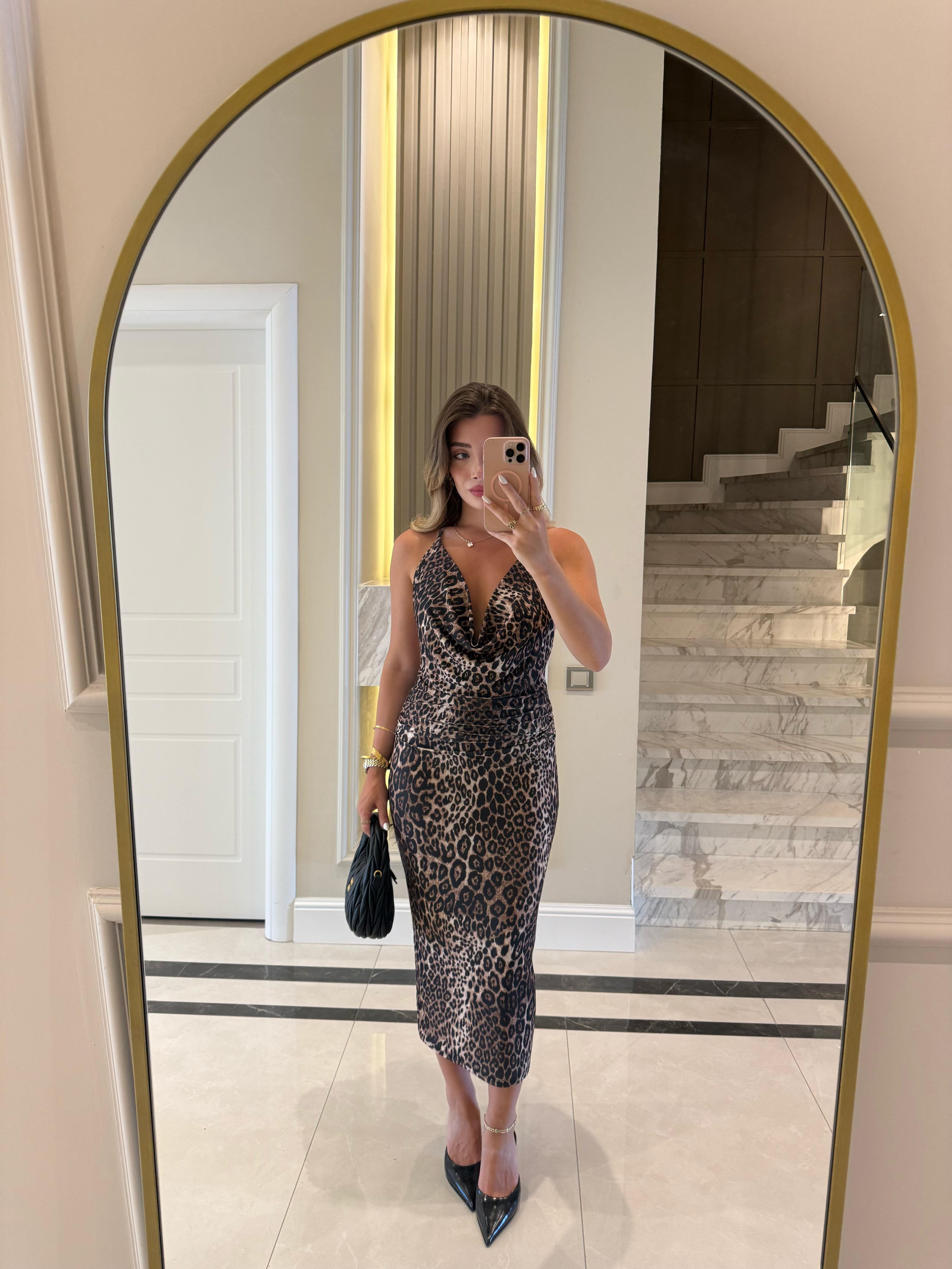 Leopar Desenli Boydan Bağlamalı Midi Elbise