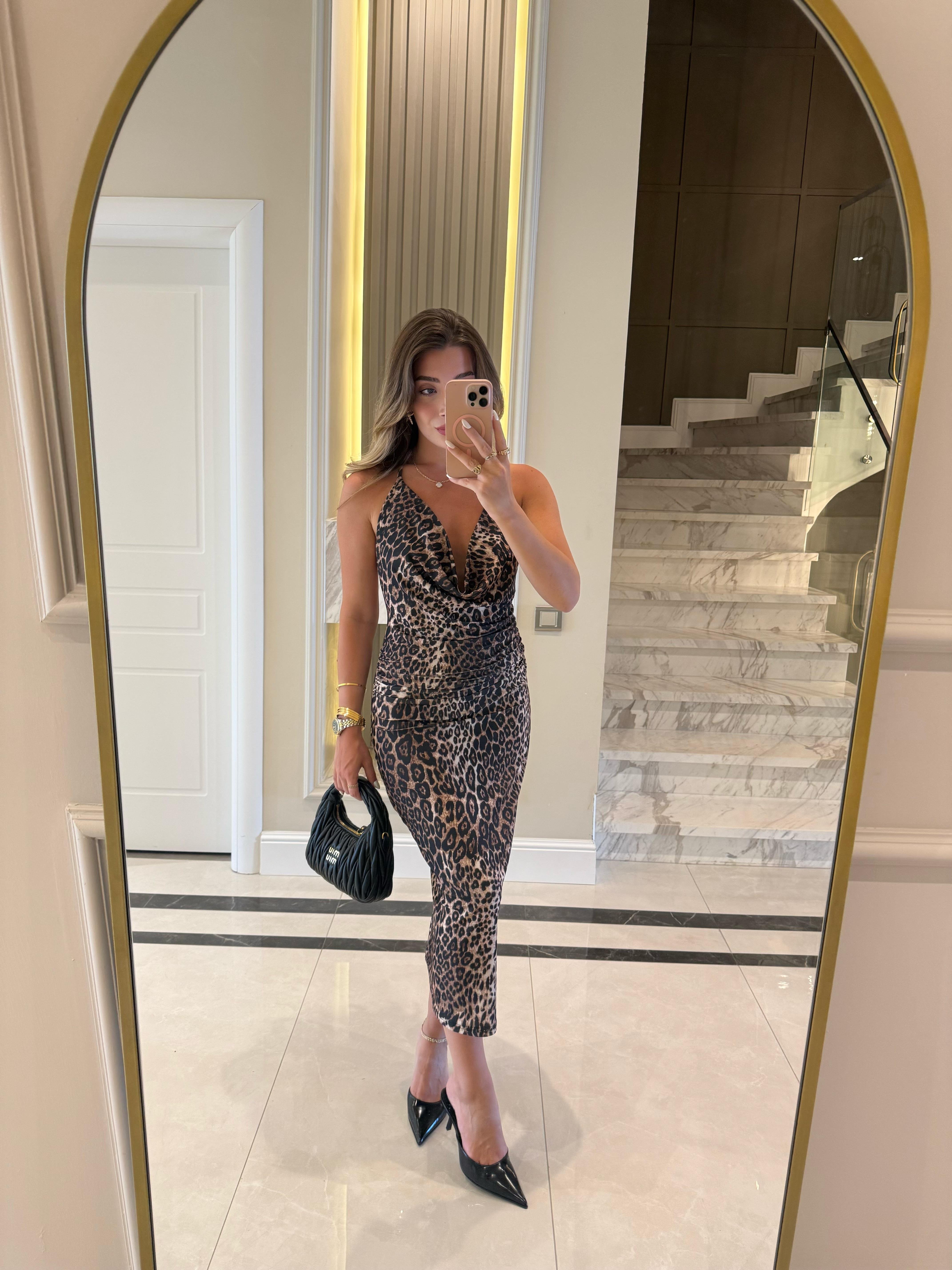 Leopar Desenli Boydan Bağlamalı Midi Elbise
