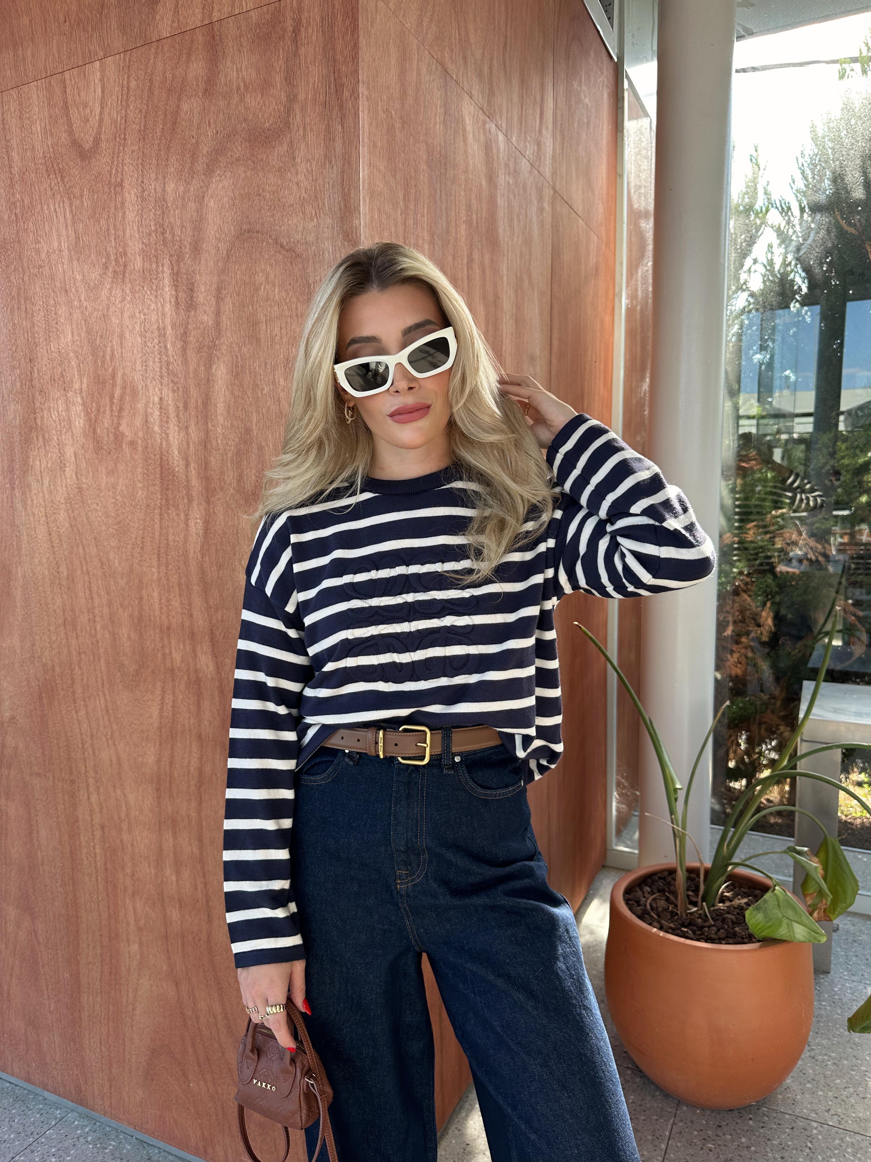 Marka Model Lacivert Çizgili Bisiklet Yaka Triko