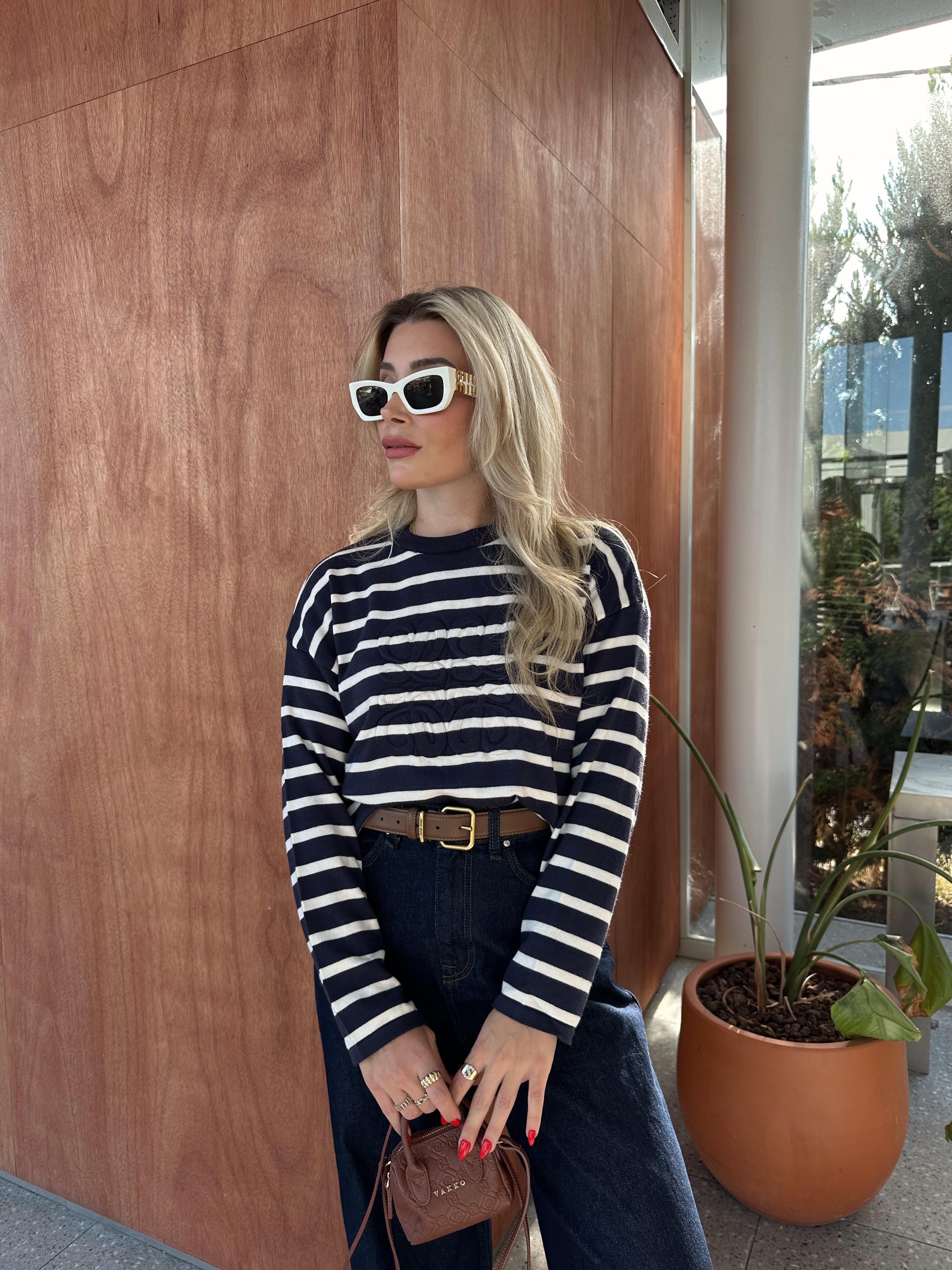 Marka Model Lacivert Çizgili Bisiklet Yaka Triko