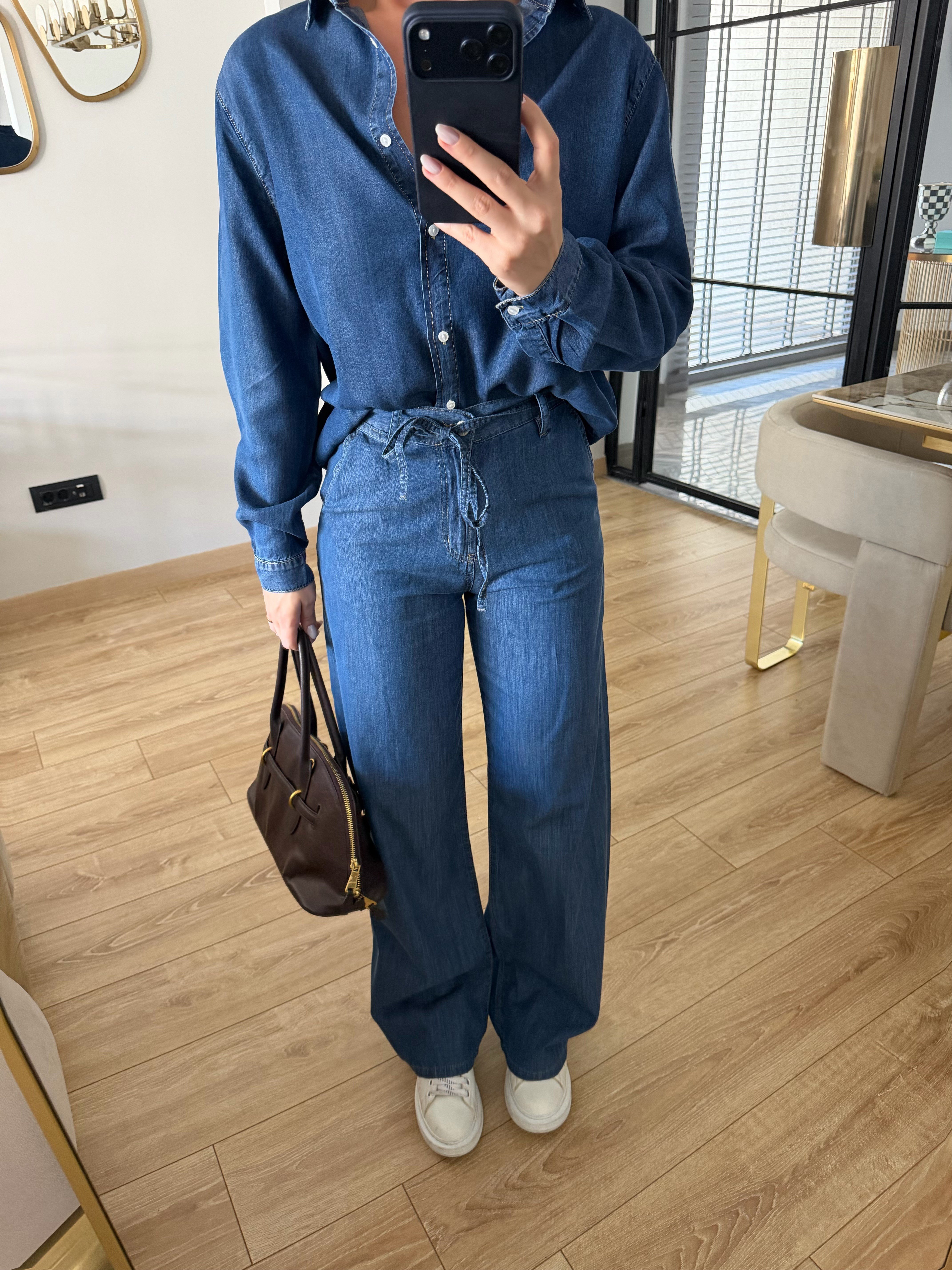 Mavi Bel Bağcıklı Wide Leg Jean - 3647