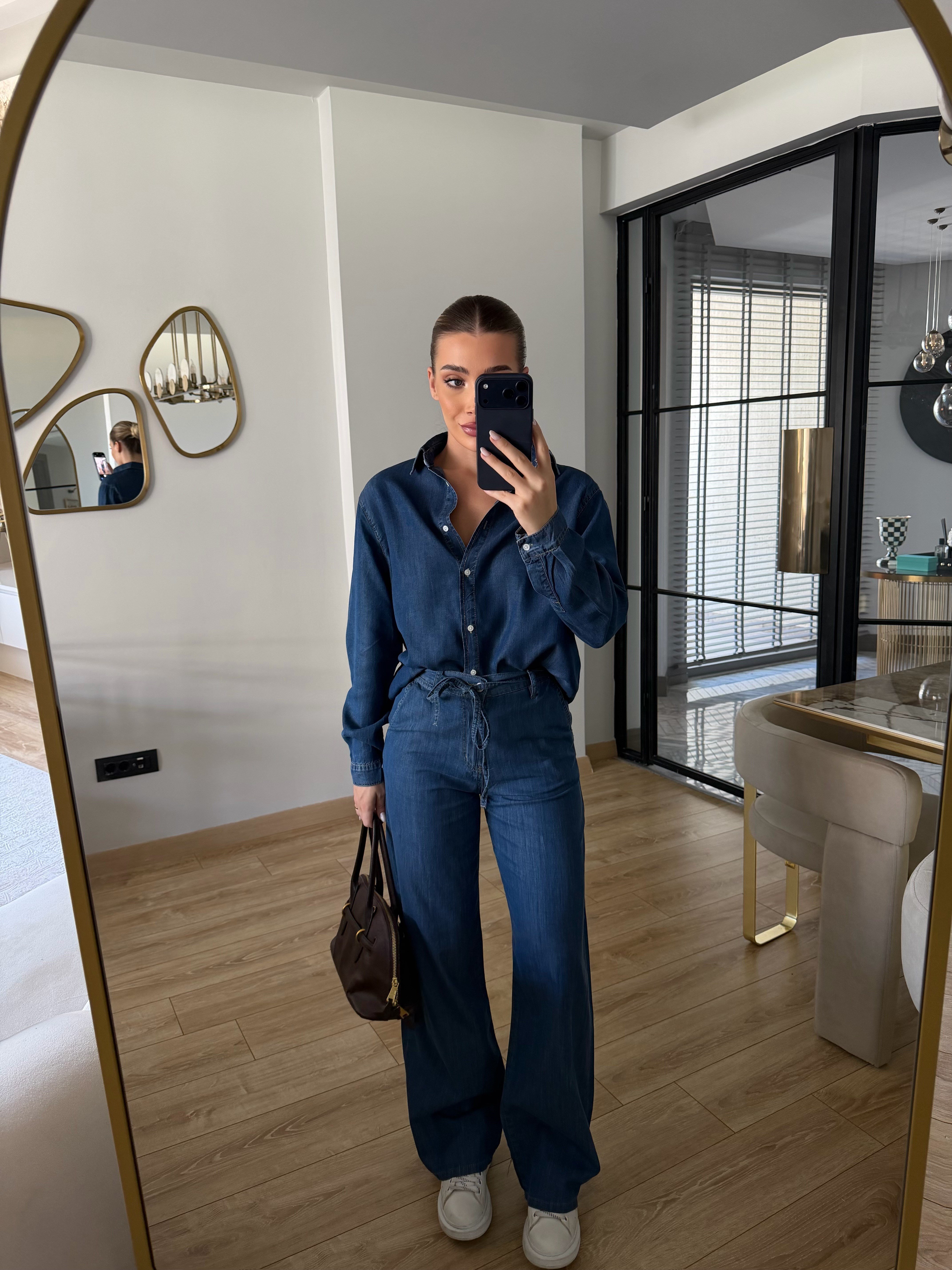 Mavi Bel Bağcıklı Wide Leg Jean - 3647