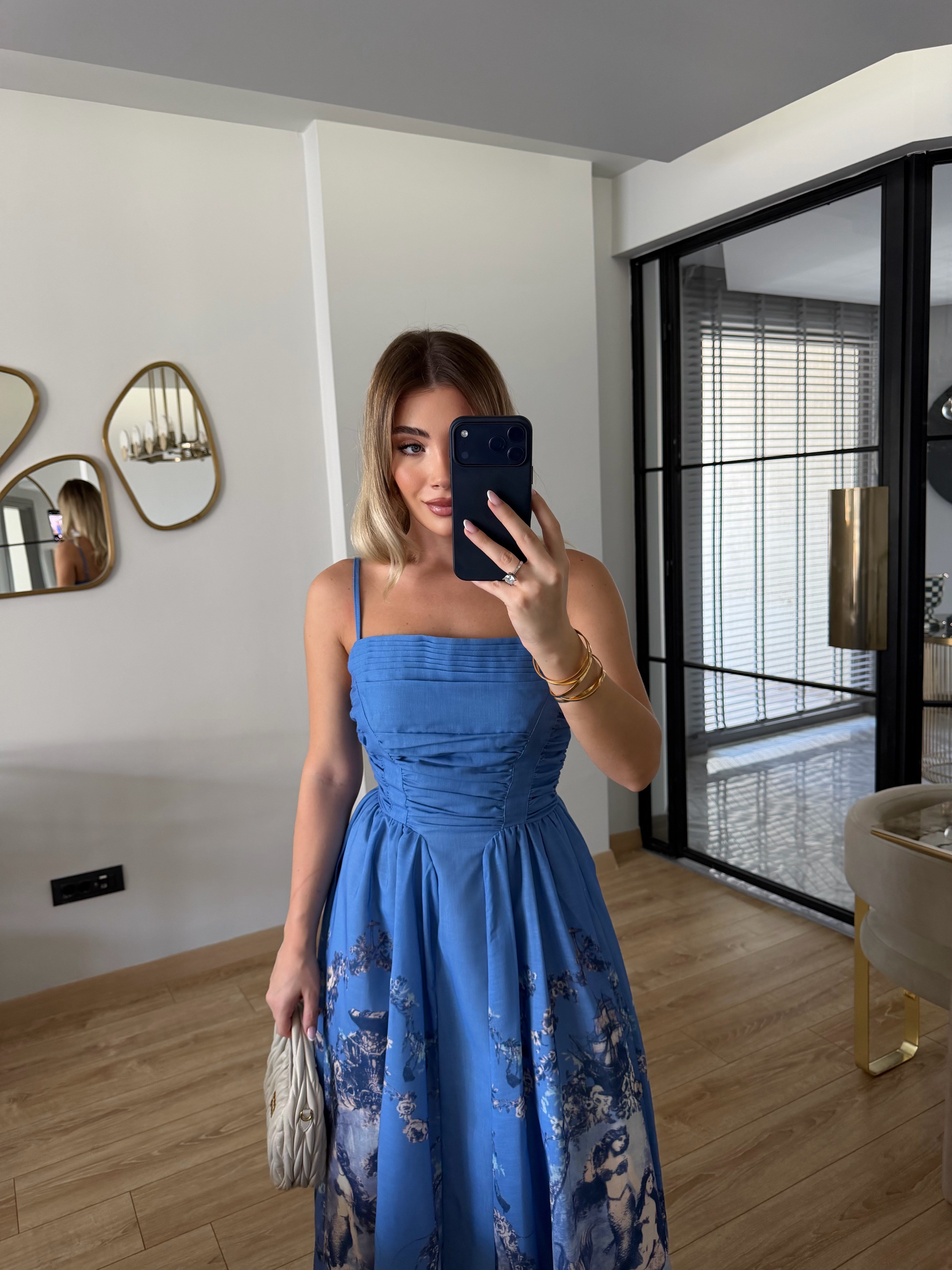 Mavi Gögüs Drapeli Askılı Elbise - 5376